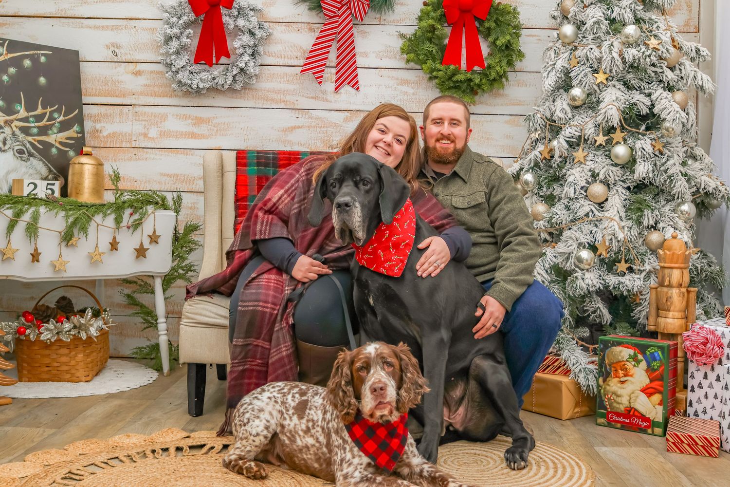 Christmas family photo with two dogs against a wooden wall decorated with wreaths and holiday decorations.