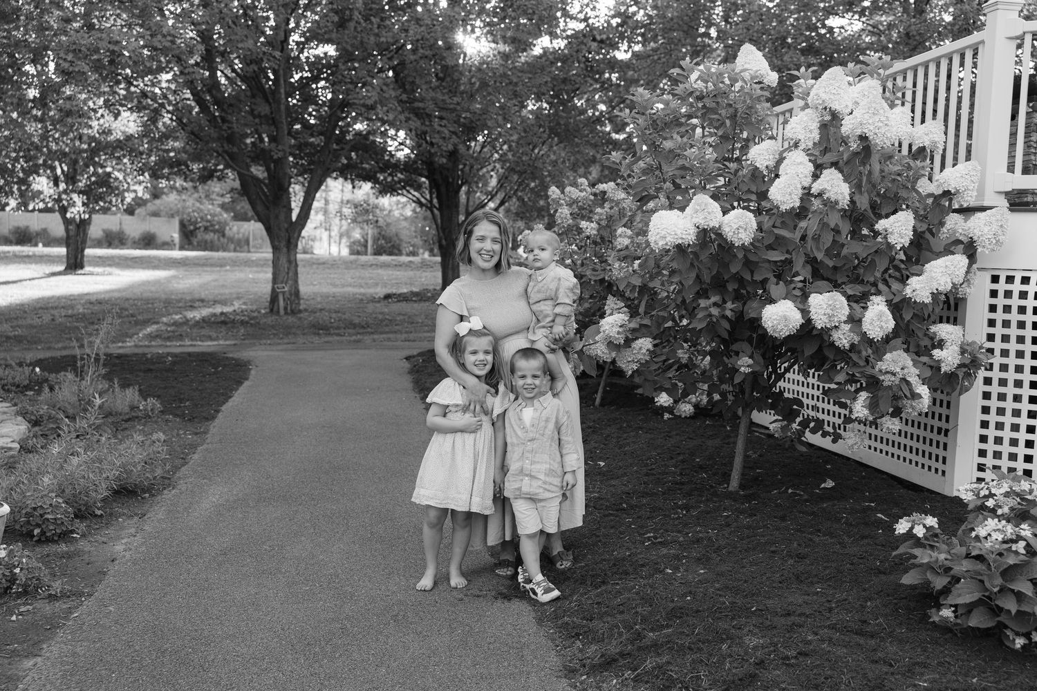 Three vintage black and white photos showing children walking near hydrangea bushes in full bloom along a garden path.