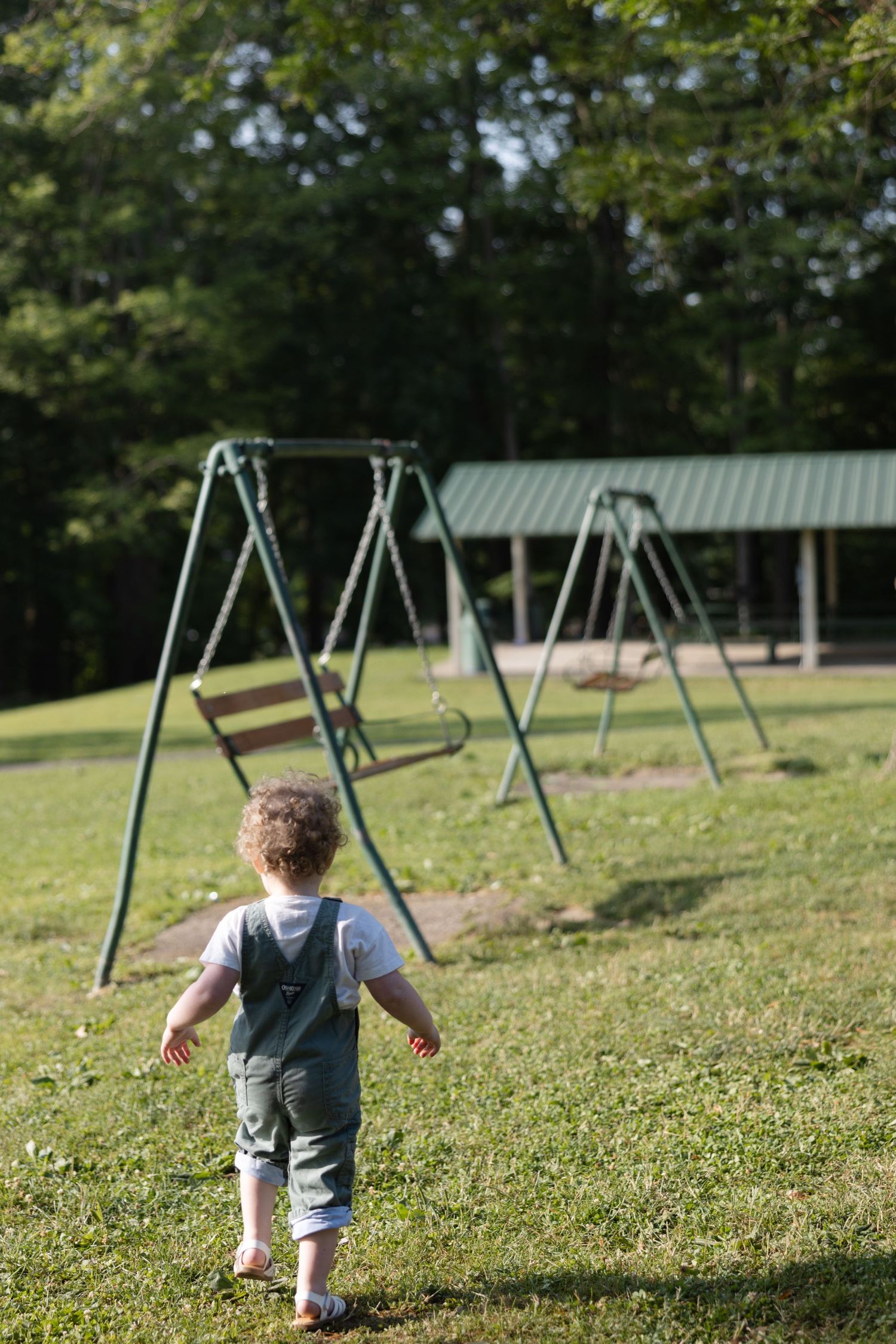 Small child in overalls walks toward empty swing set on grassy hill with pavilion in background.