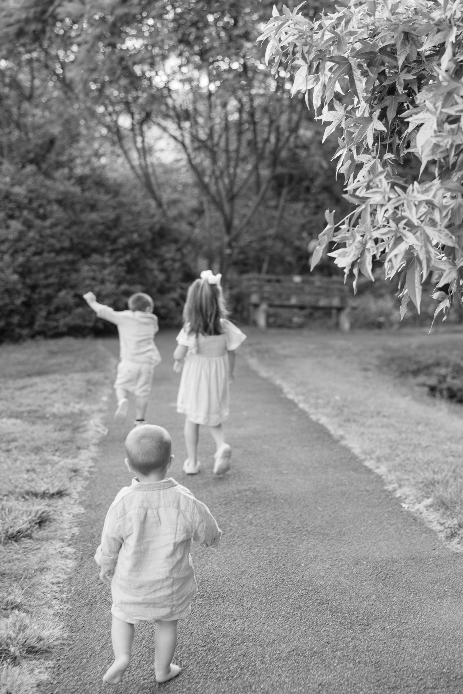 Black and white photo series showing children walking away down a garden path surrounded by trees and bushes.