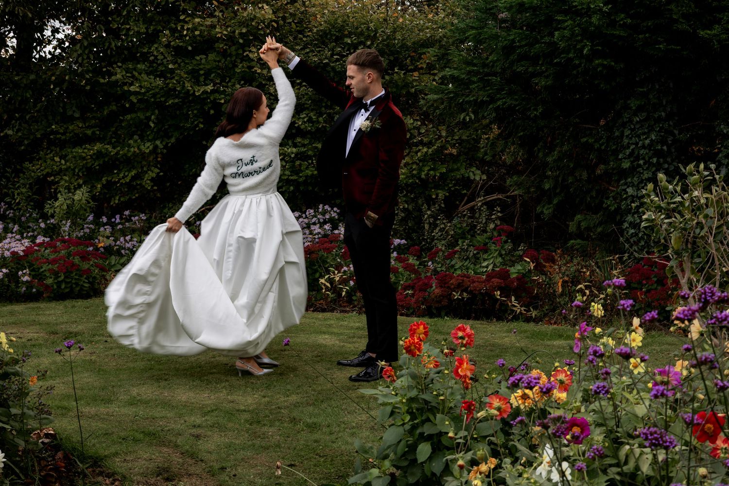 Bride and groom dancing in the beautiful gardens at The Cockliffe Country House, Nottingham.