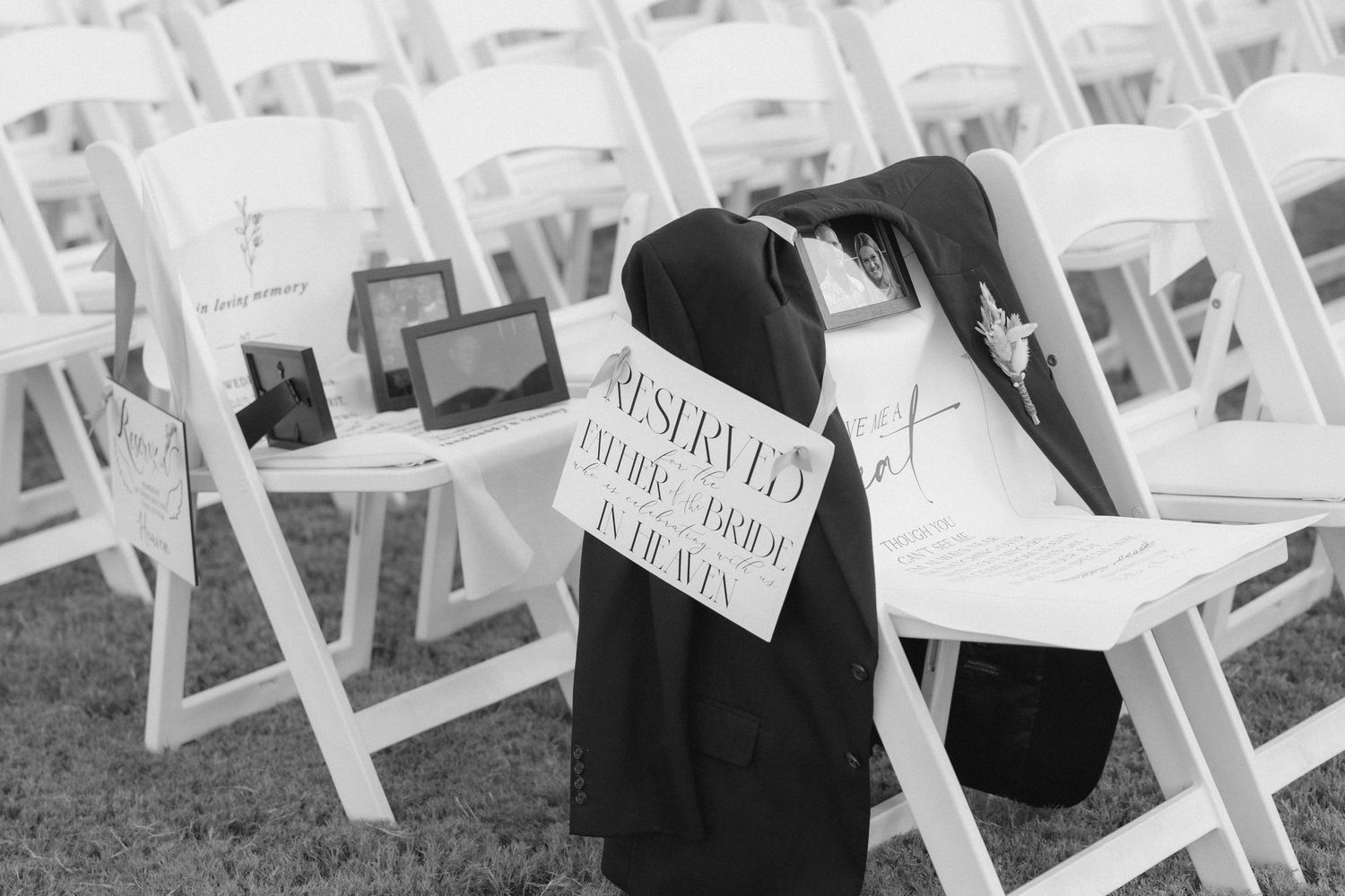 Subtle memorial chair detail at late fall Taylor Estate wedding in North Georgia