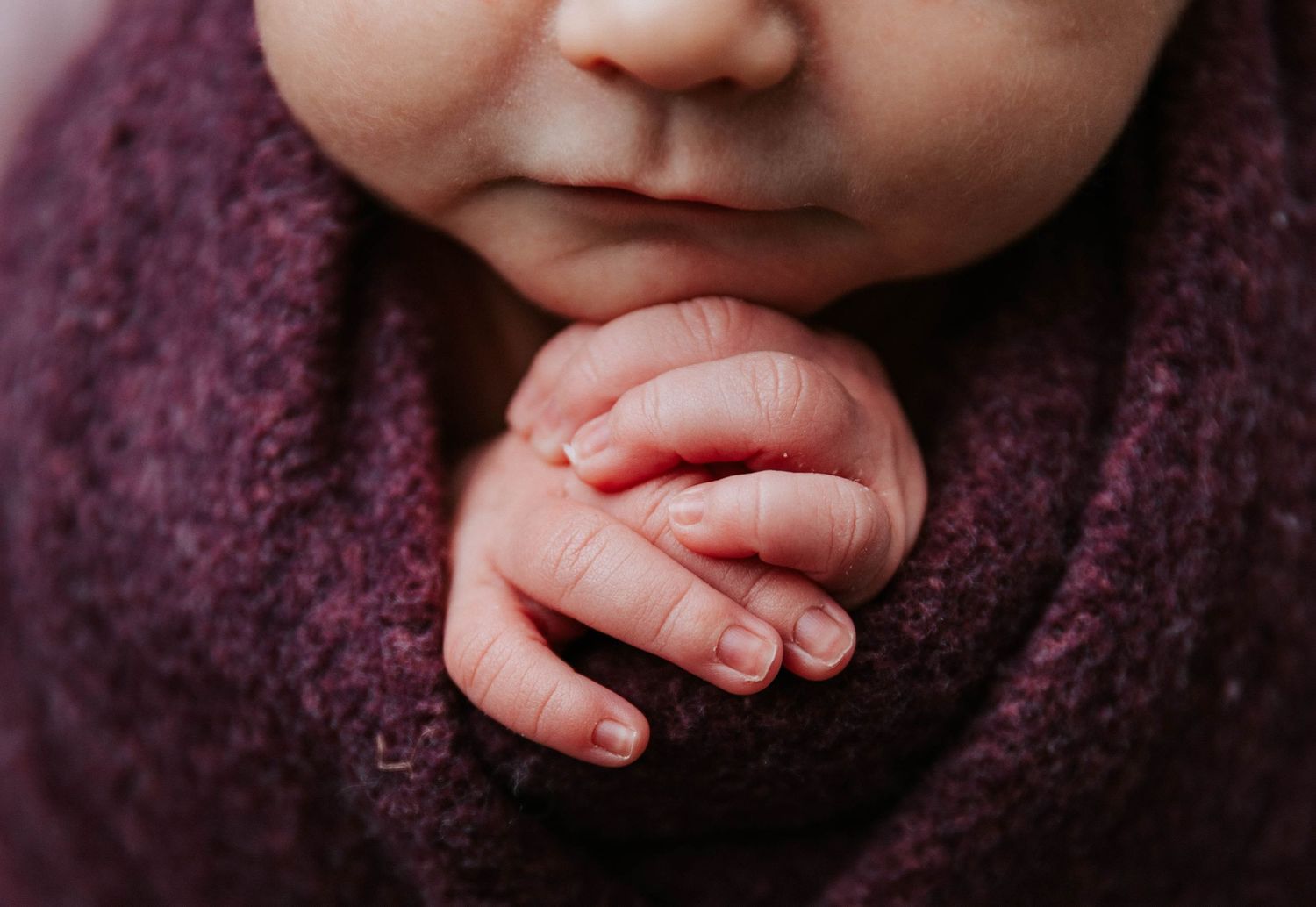 Close-up detail of tiny baby hands against deep purple knit fabric.