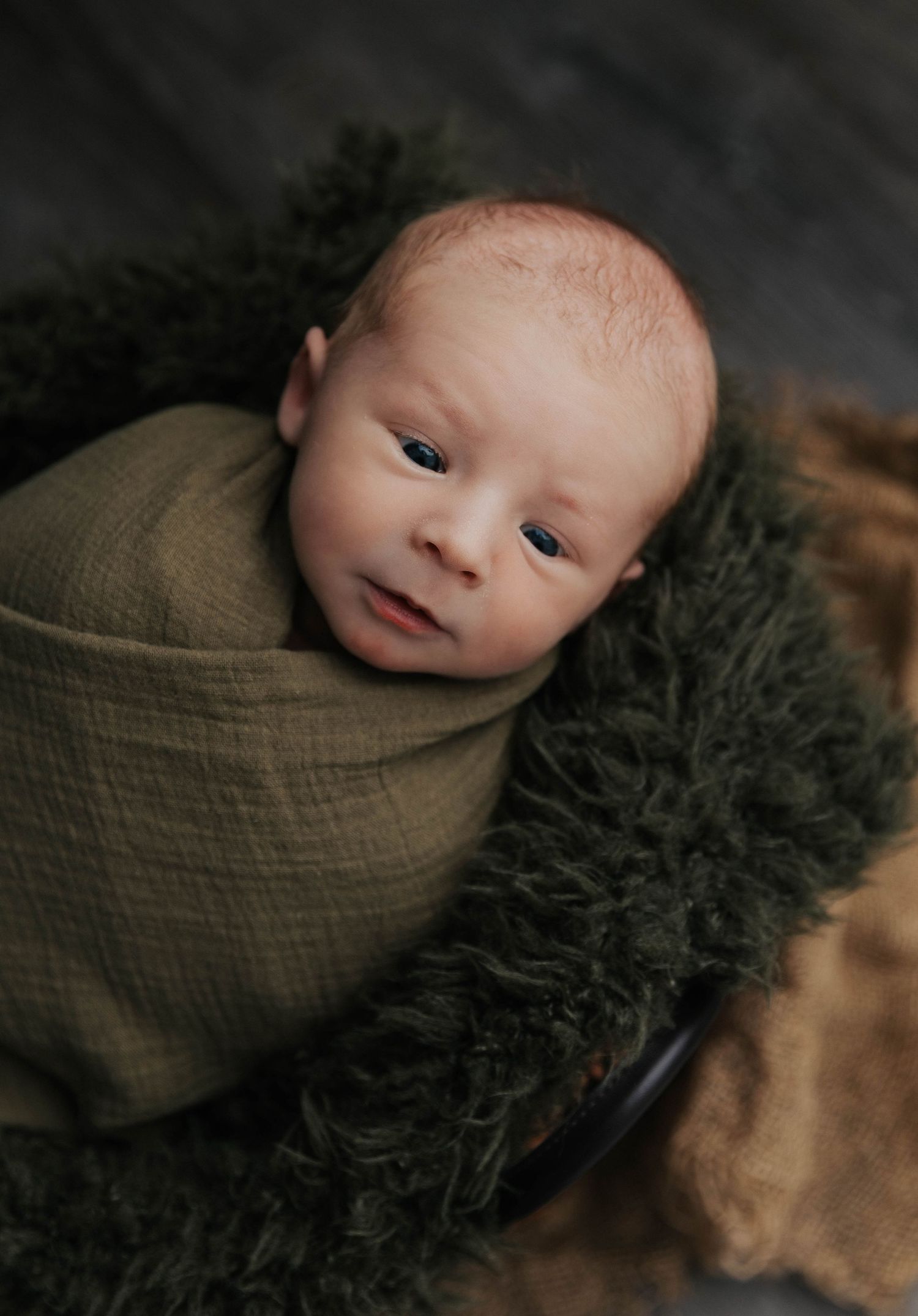 A tender newborn photography session features a baby wrapped in olive green swaddle against dark moody backdrop.