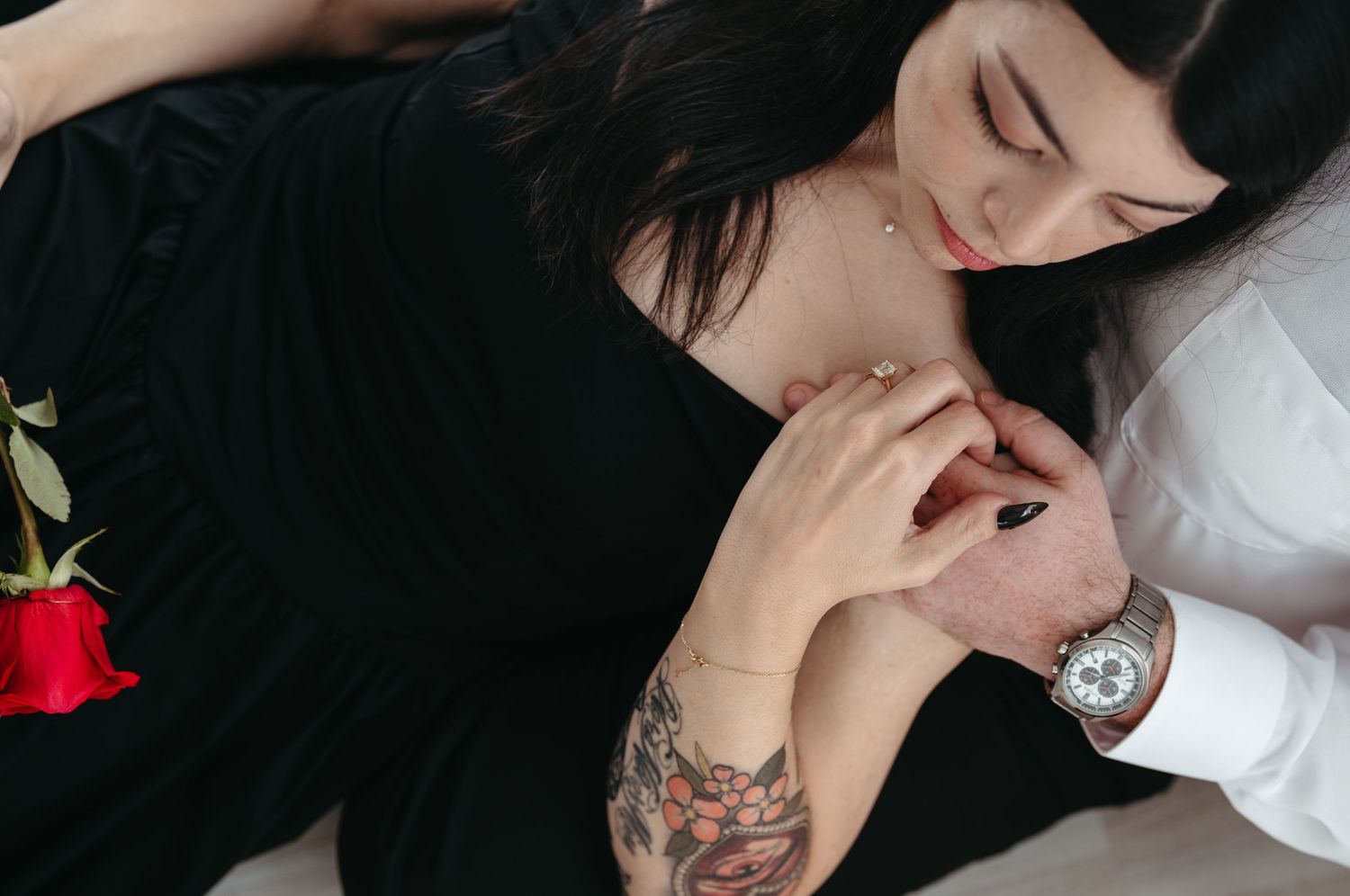An intimate close-up of a tender romantic moment.