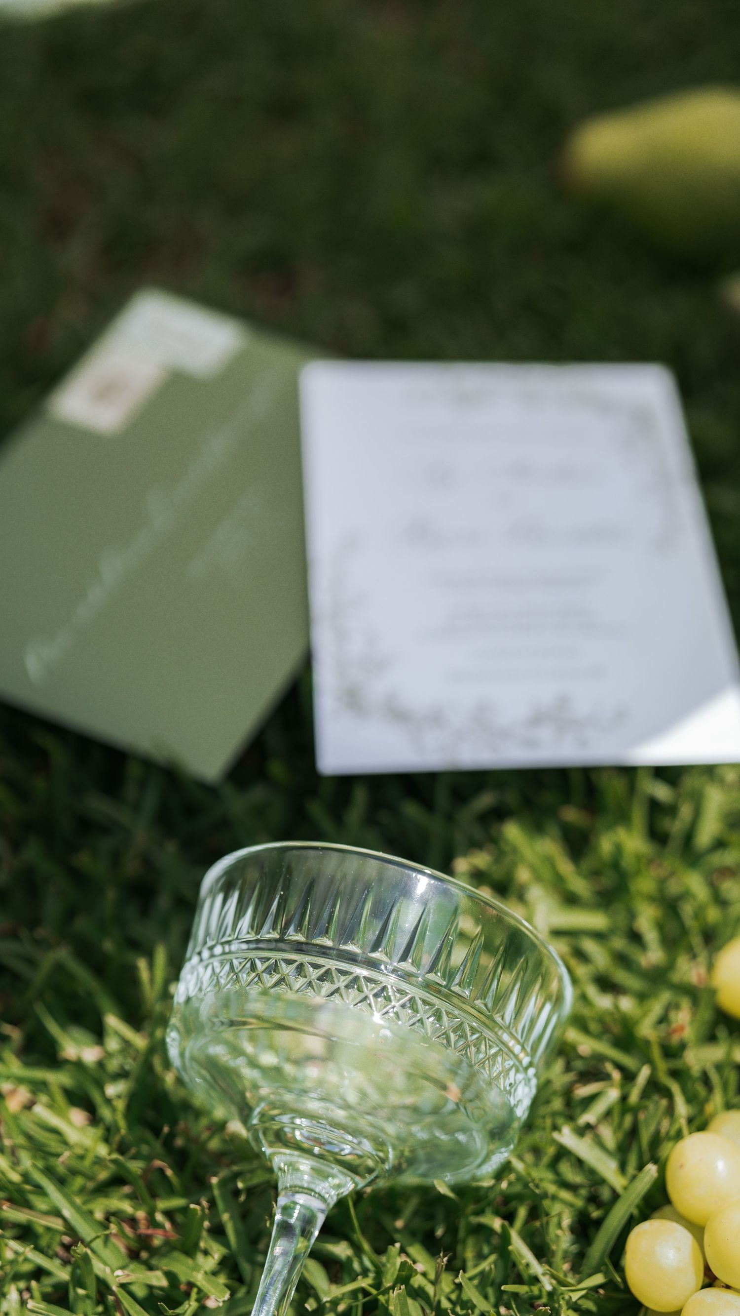 Crystal wine glasses and white place cards arranged on green grass for an outdoor event setting.