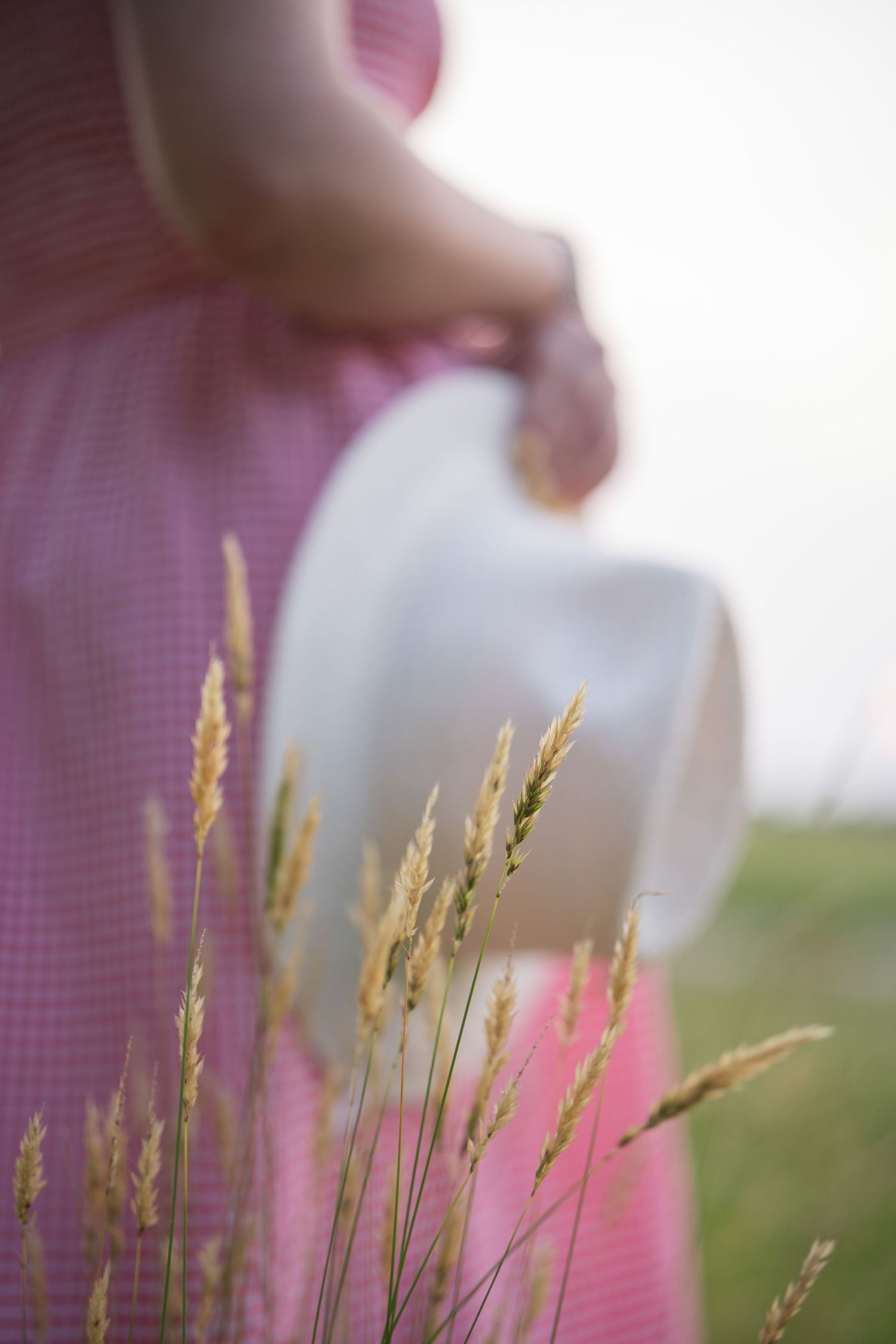 Pink gingham dress and wheat stalks in soft focus outdoor setting.