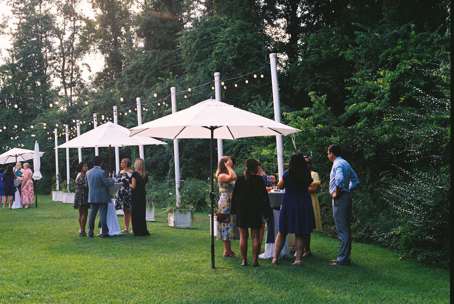 Outdoor wedding reception setup with white tents and guests mingling on a green lawn.