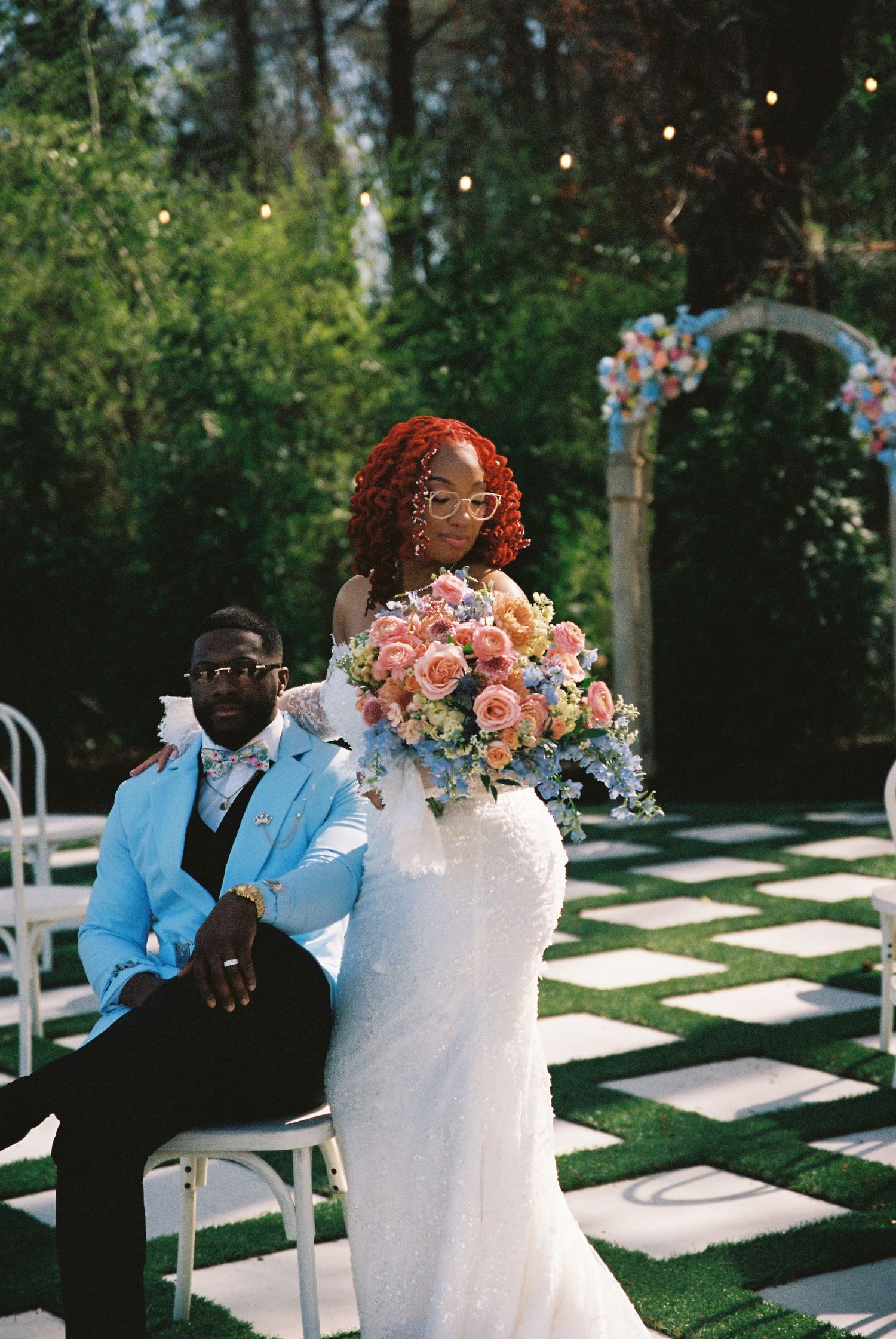 A sequence of wedding ceremony photos showing guests seated outdoors with string lights and floral arrangements.