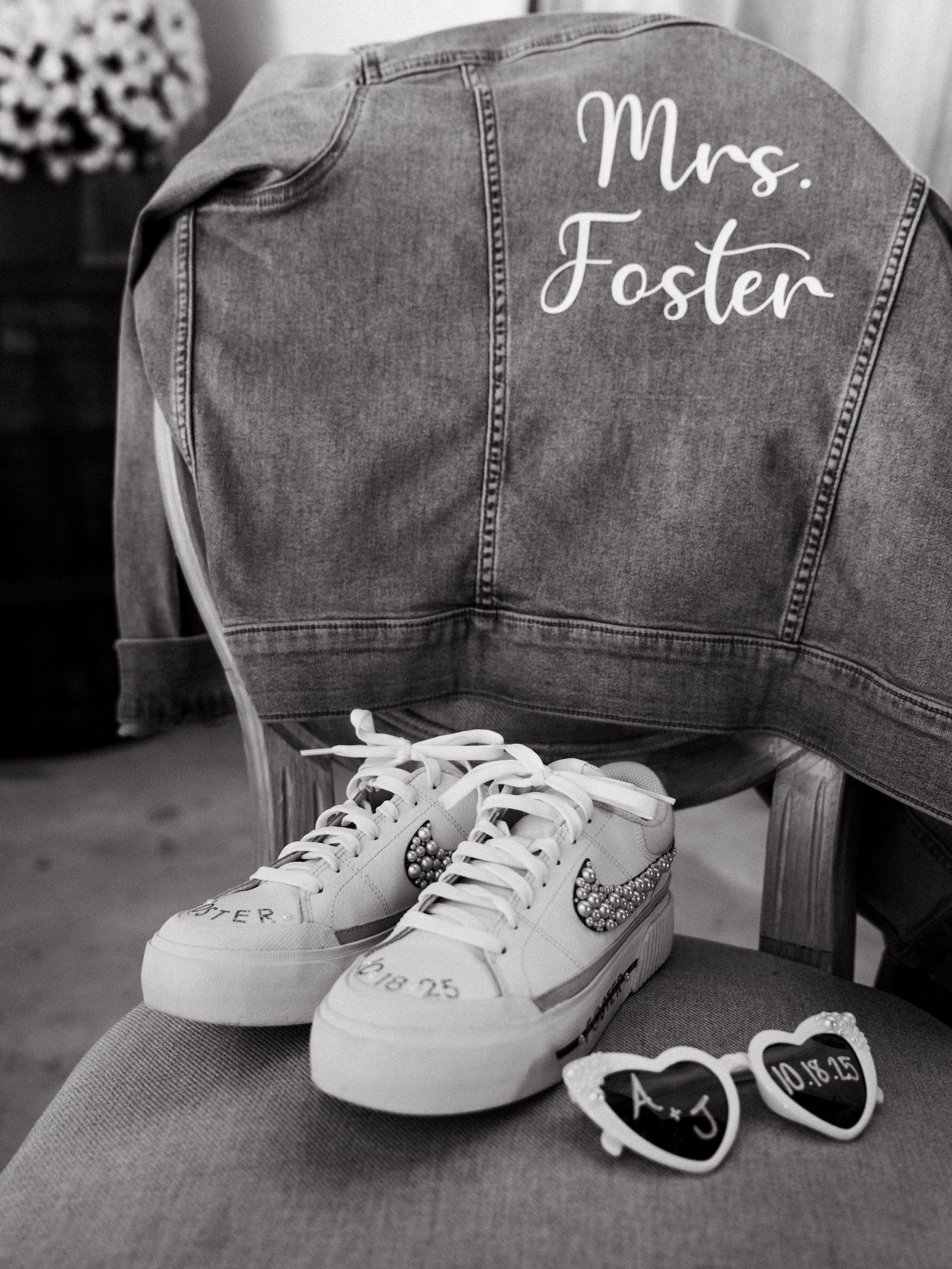 A series of black and white photos showing personalized denim jackets with names and white sneakers arranged artistically.