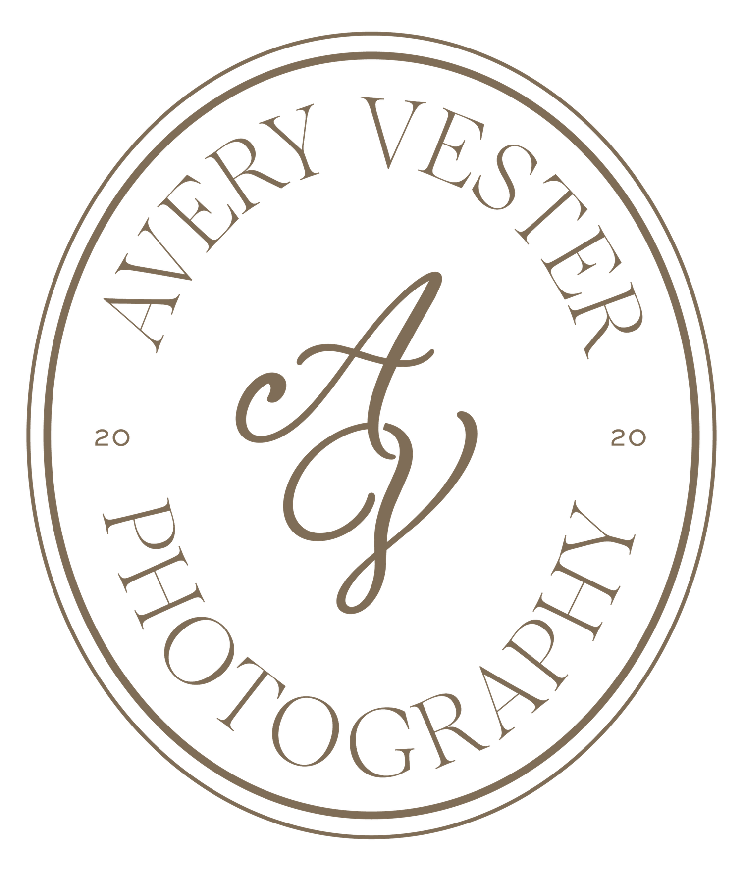 Avery Vester Photography logo featuring elegant oval border with cursive AV monogram and gold tones, established 2020.