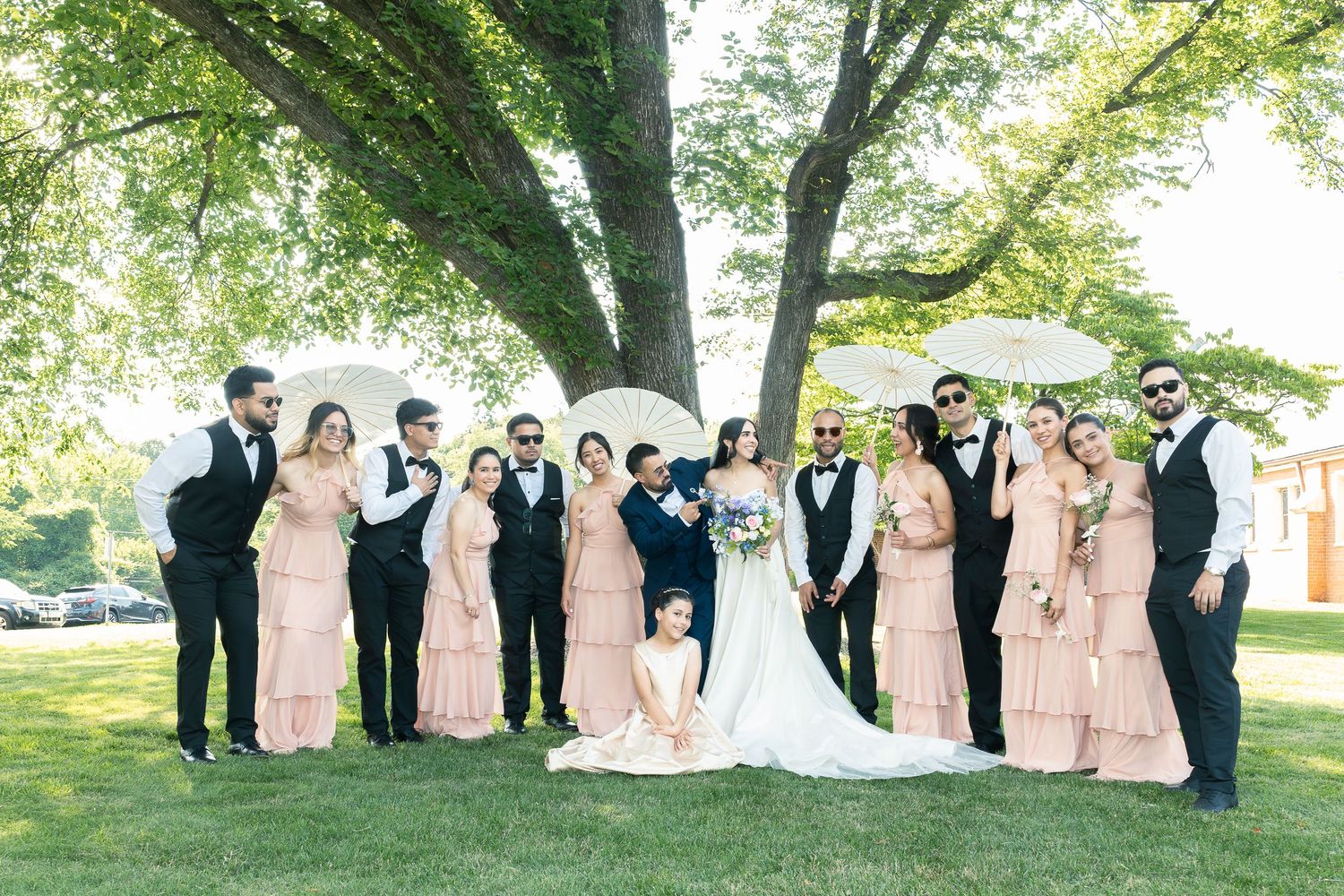 Wedding party poses outdoors under a large shade tree wearing black and blush pink formal attire.
