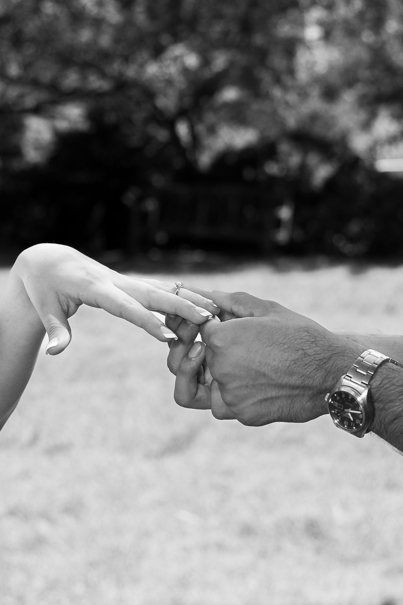 Black and white photo of hands clasping together during proposal moment with engagement ring and wristwatch visible.