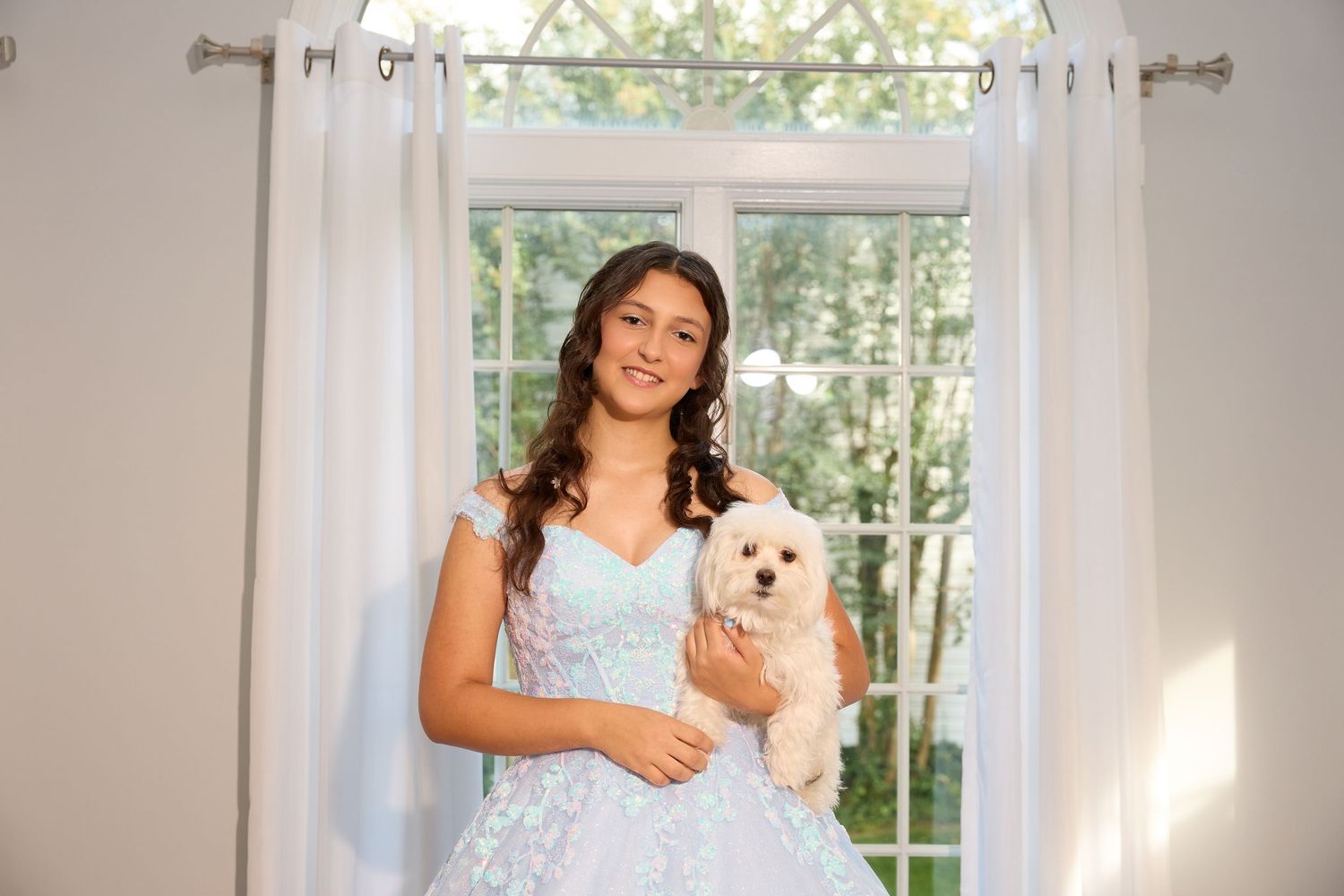 A series of bright, sunlit photos showing a person in a blue dress holding a small white dog by windows.
