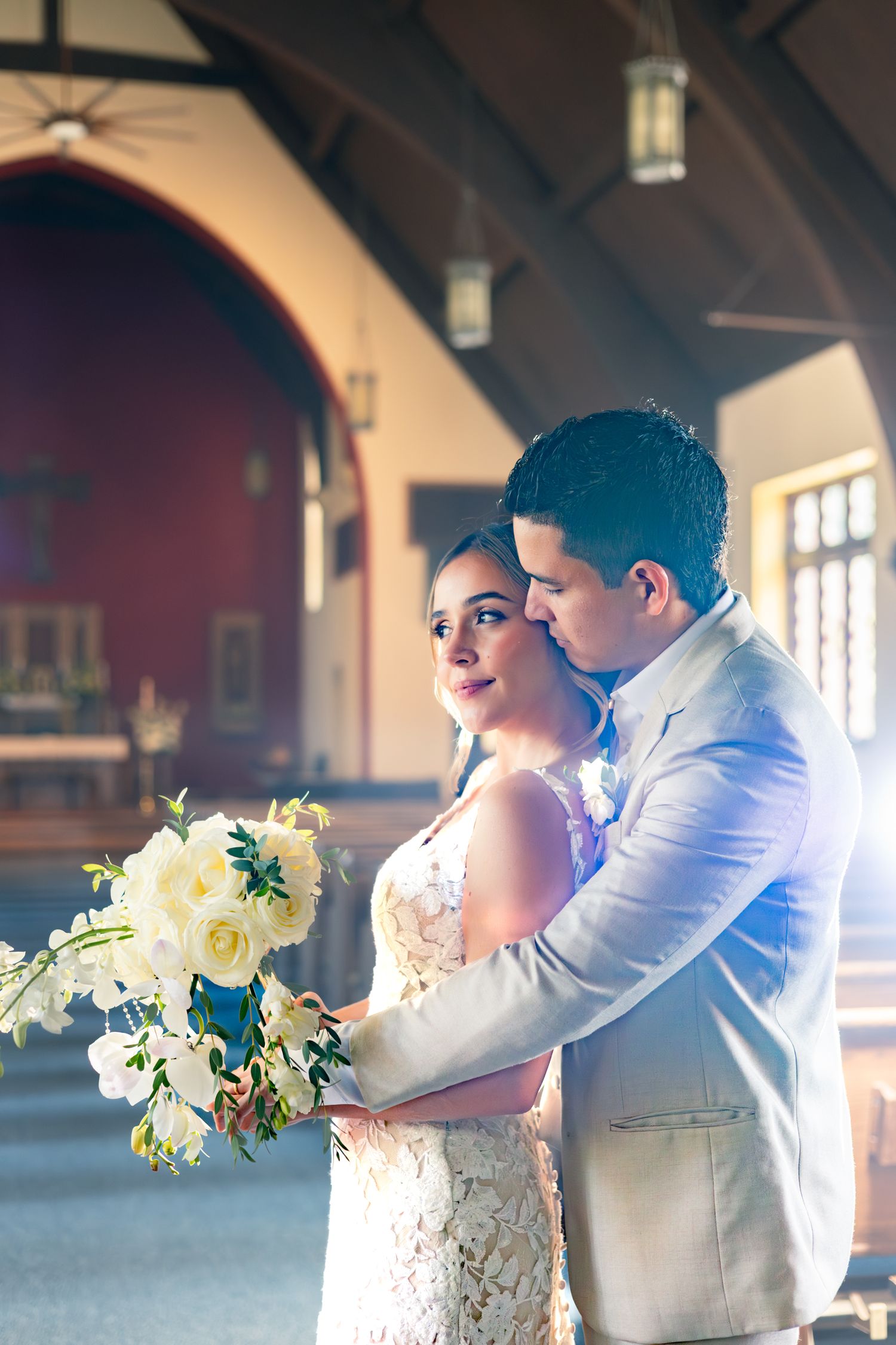 A romantic sequence of wedding photos showing a couple in warm sunlight holding a white bouquet.