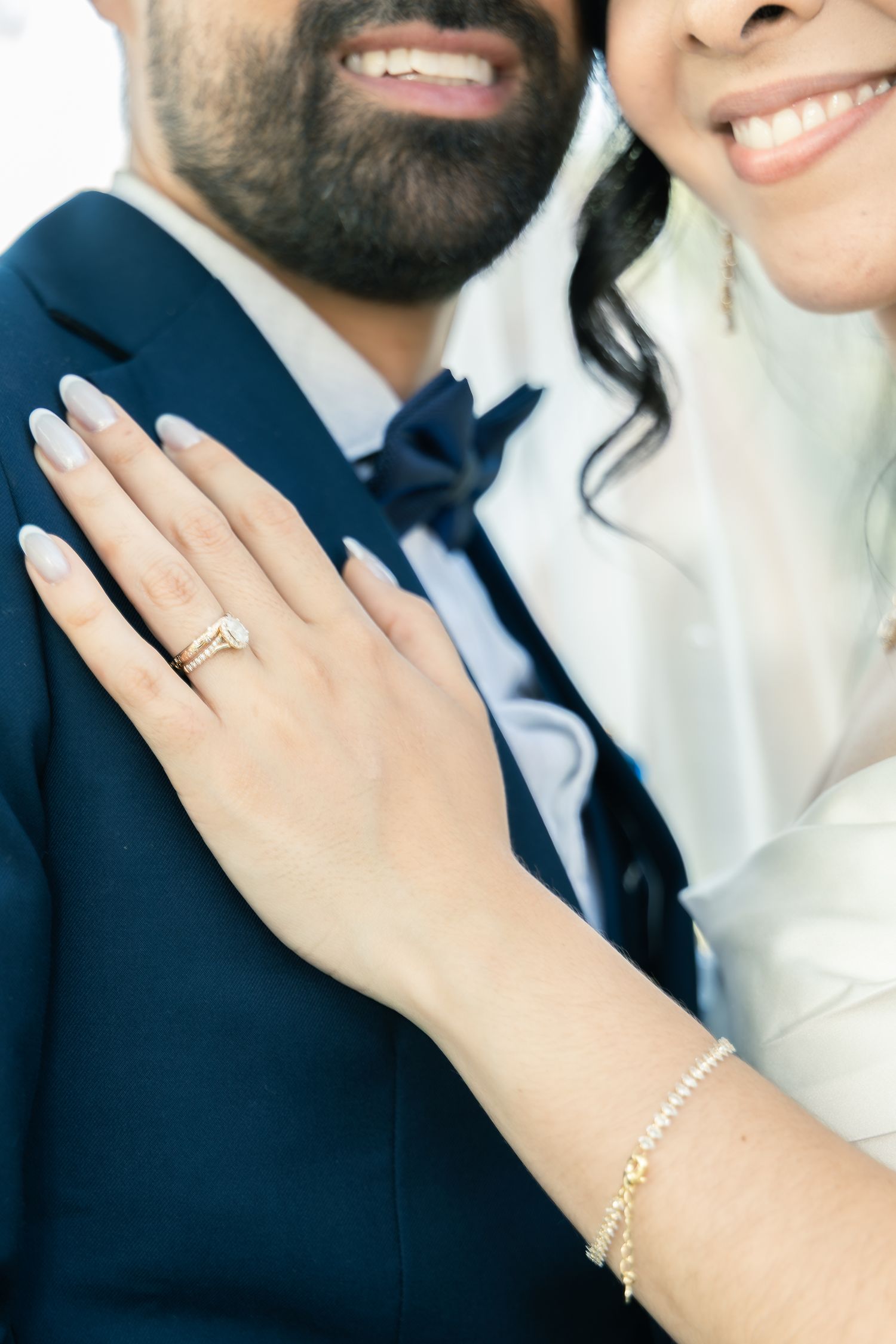 Cropped sequence of engagement photos showing hands with rings and partial smiles in formal wedding attire.