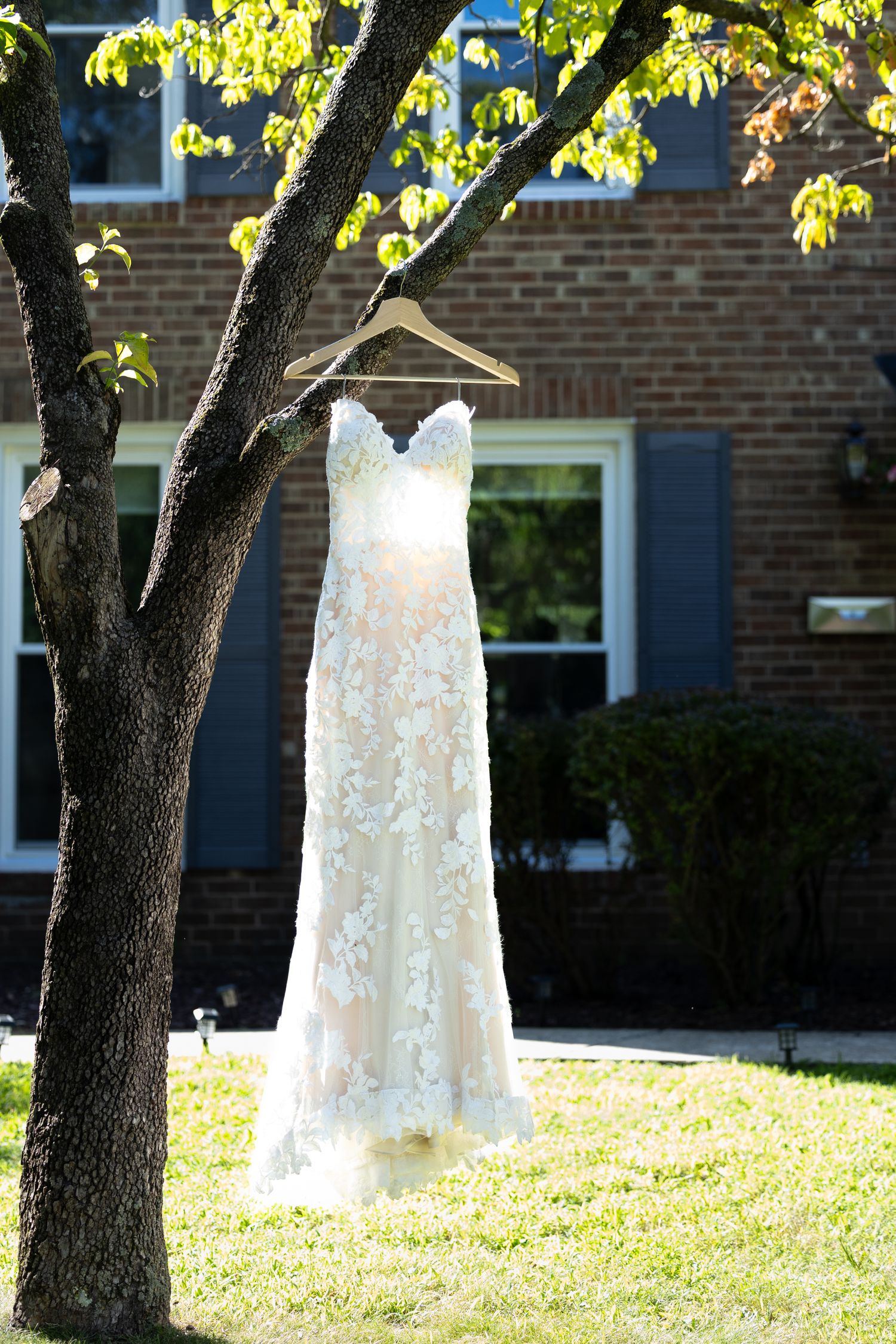 White lace wedding dresses hang from tree branches in a garden setting with a brick building in the background.