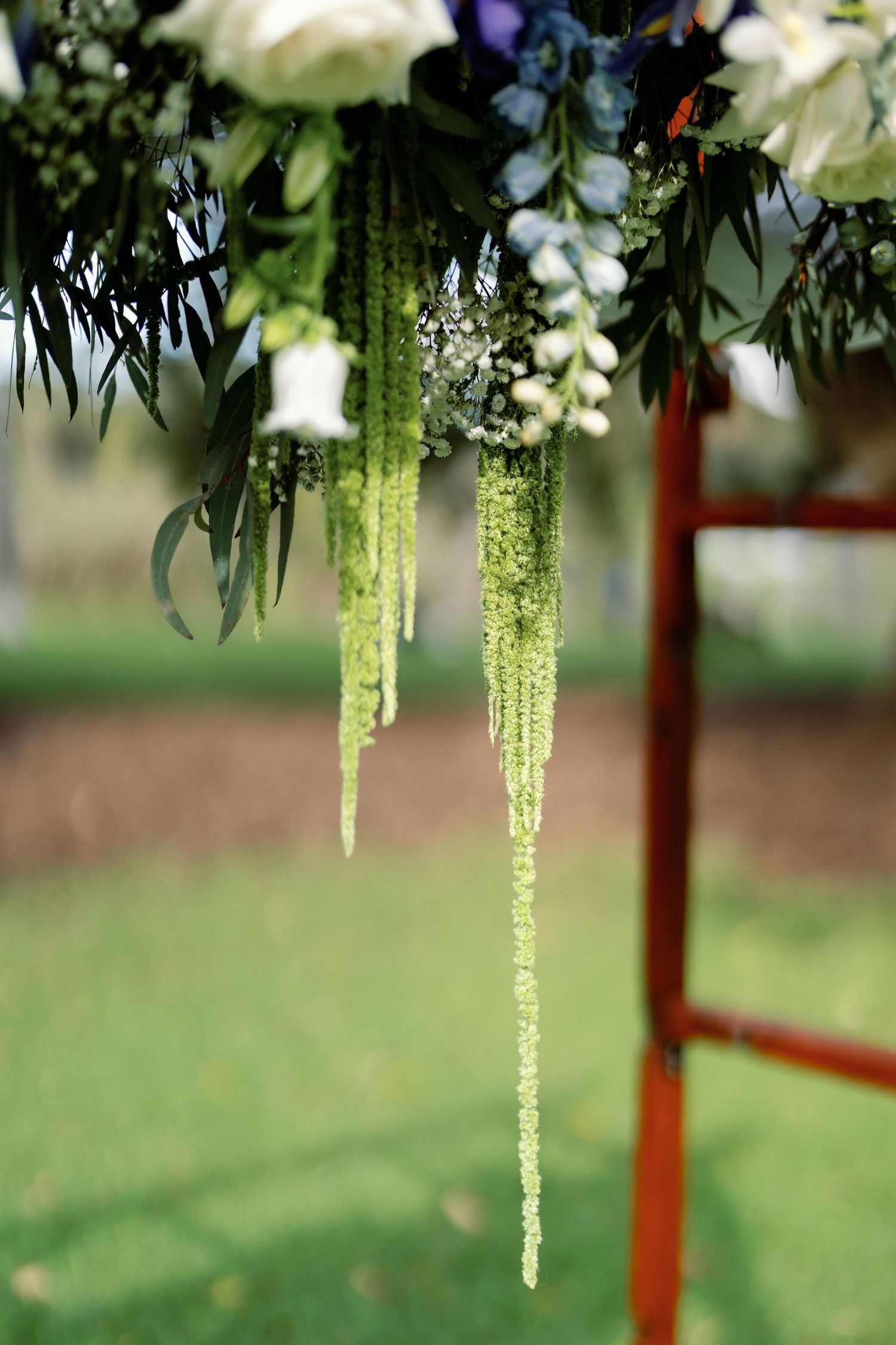 Cascading green amaranthus flowers hang from a lush wedding arch arrangement with white roses and eucalyptus outdoors.