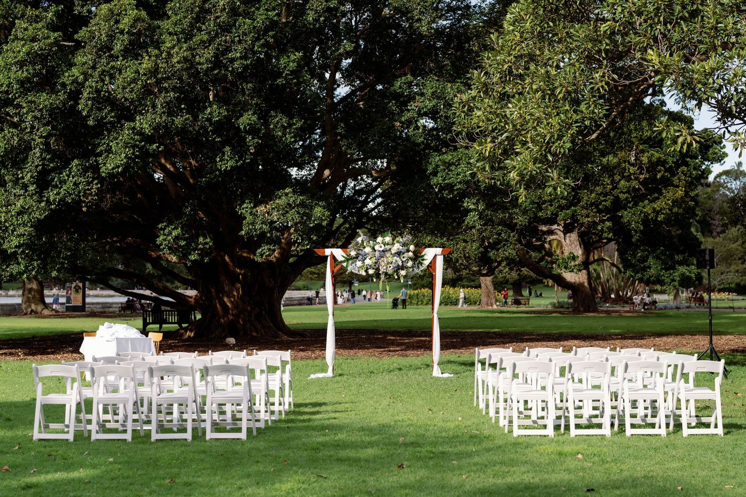 Outdoor wedding ceremony setup with white chairs on green lawn under large oak tree with wooden arch.