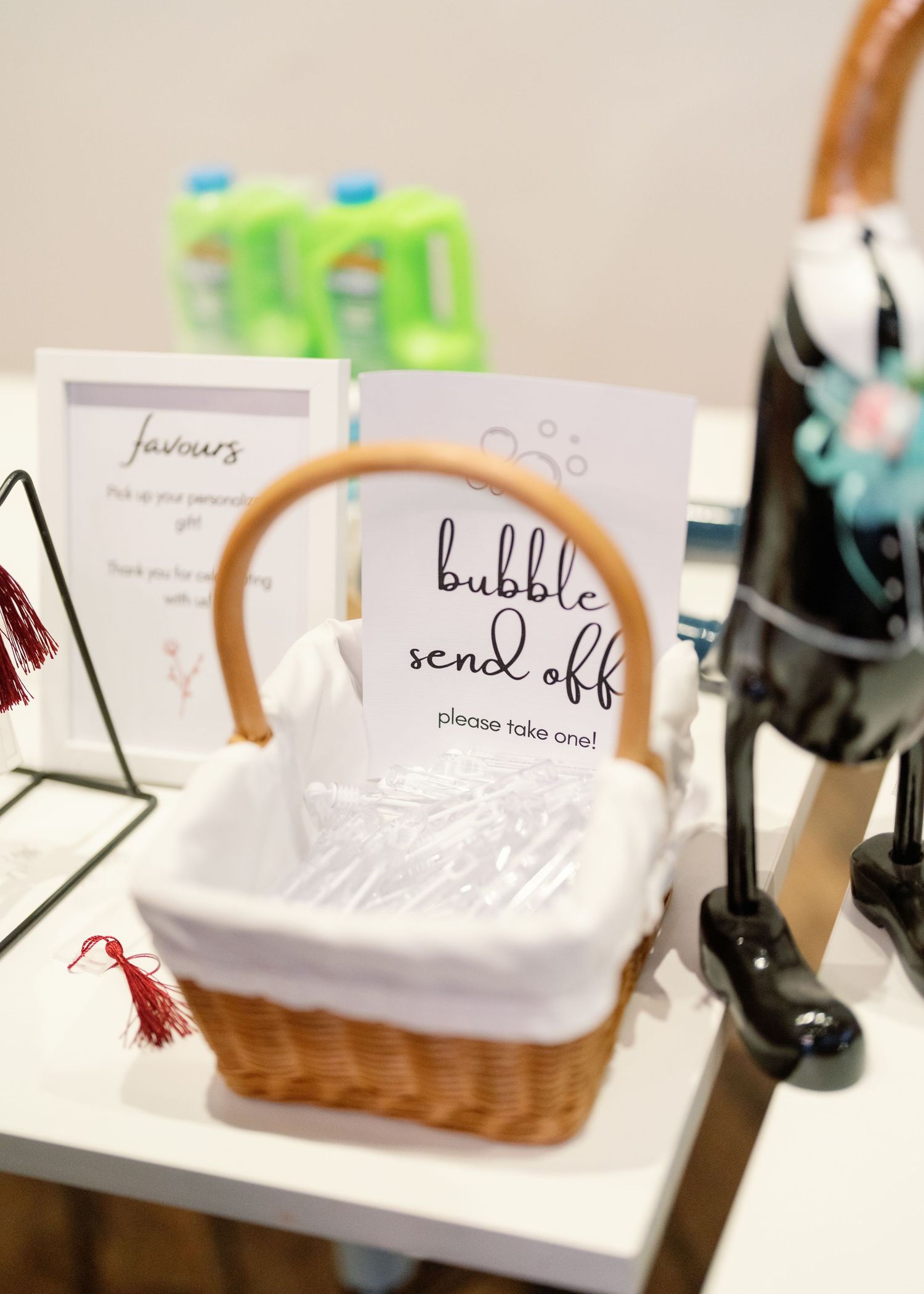 Wedding reception display with labeled baskets and signs for guest favors.