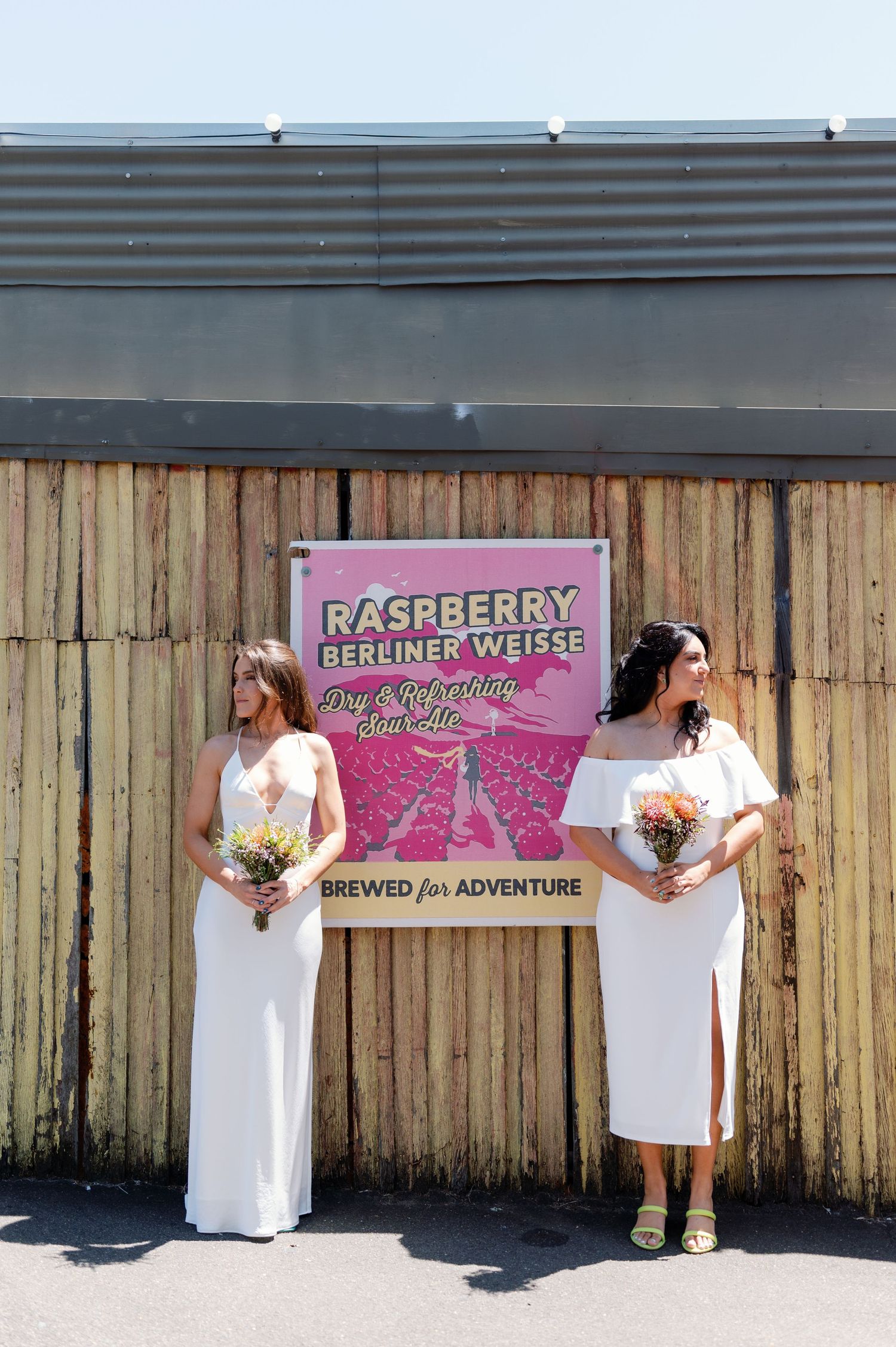 A series of photos showing people in white dresses posing against a wooden fence with a pink brewery sign.