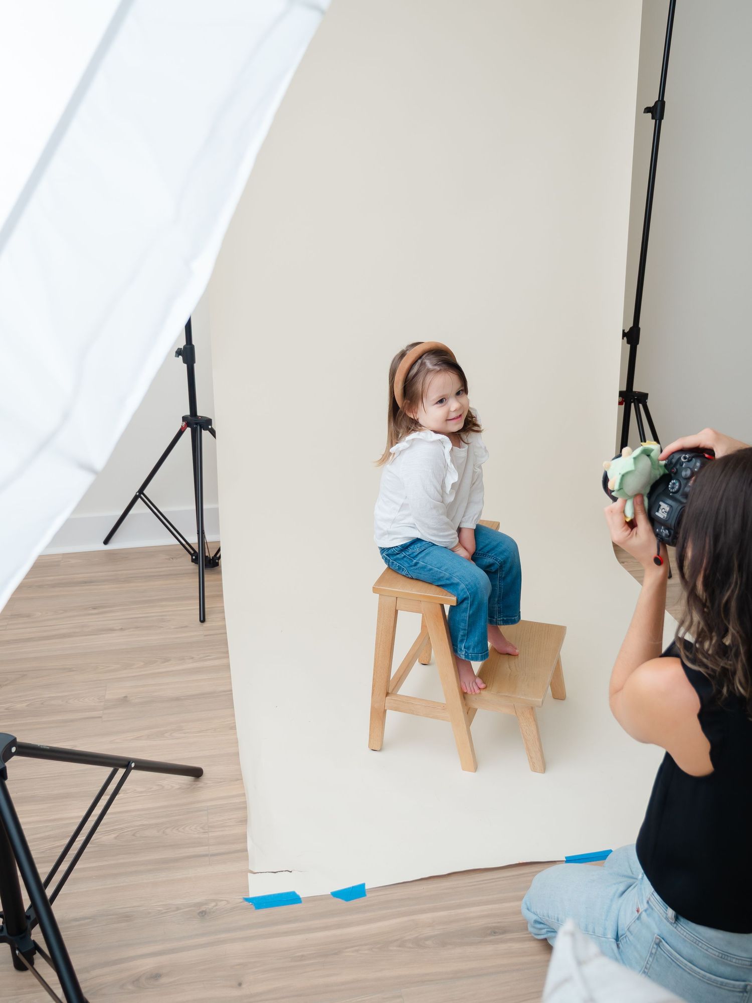Behind the scenes photography setup showing a sequence of studio shots with a stool against a white backdrop.