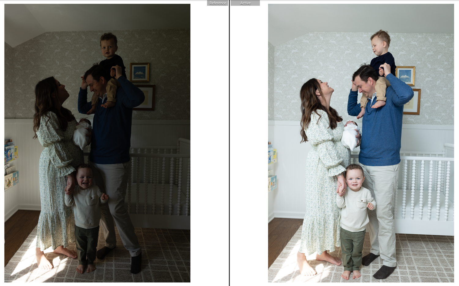 Unedited images showing the before and after magic of bringing artificial light into lifestyle sessions by Hello Indy Photography