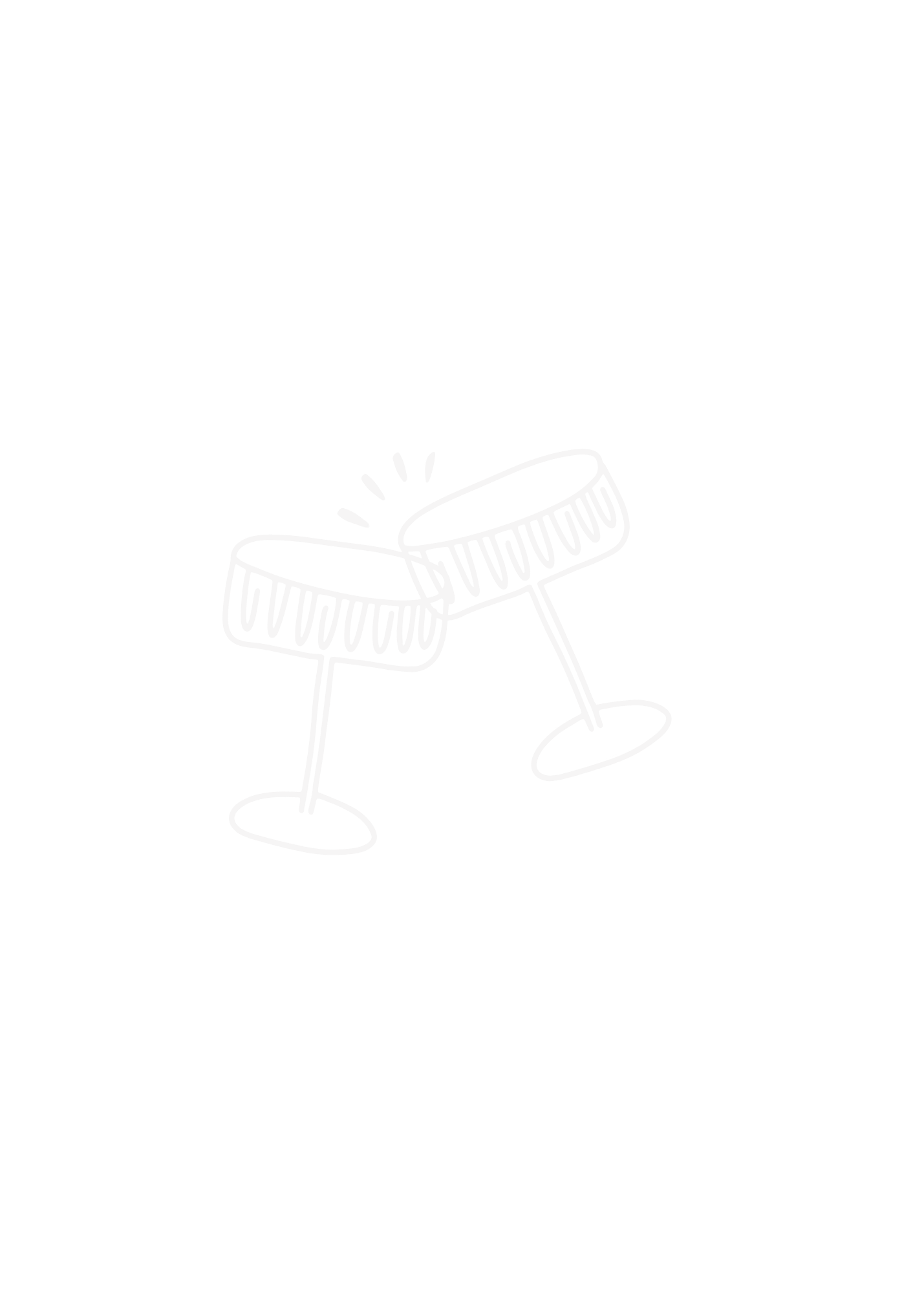 Simple line drawing of two champagne glasses clinking together in a cheering gesture against a black background.