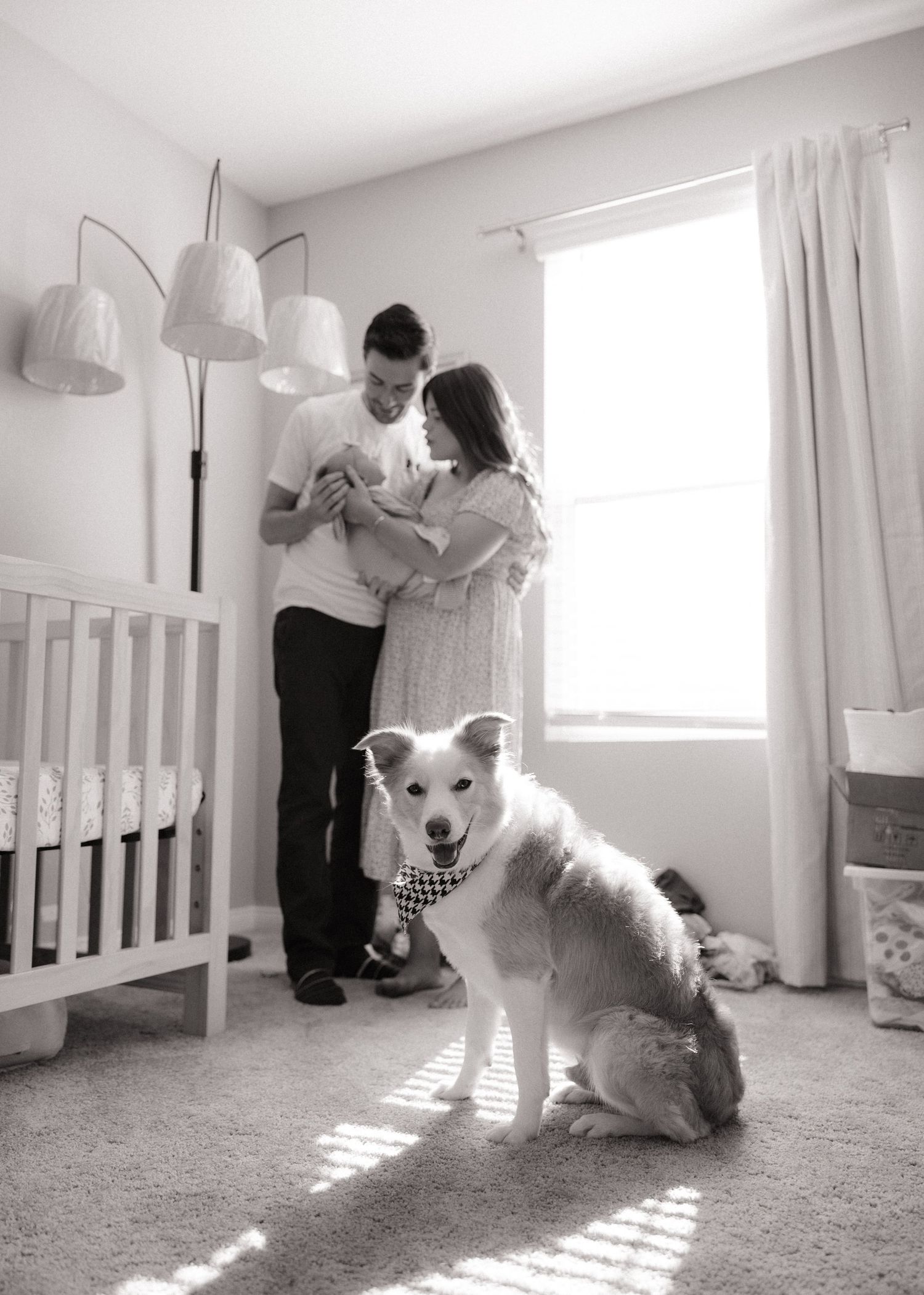 A white dog with a bowtie sits in a nursery while his owners hold their baby near a crib.