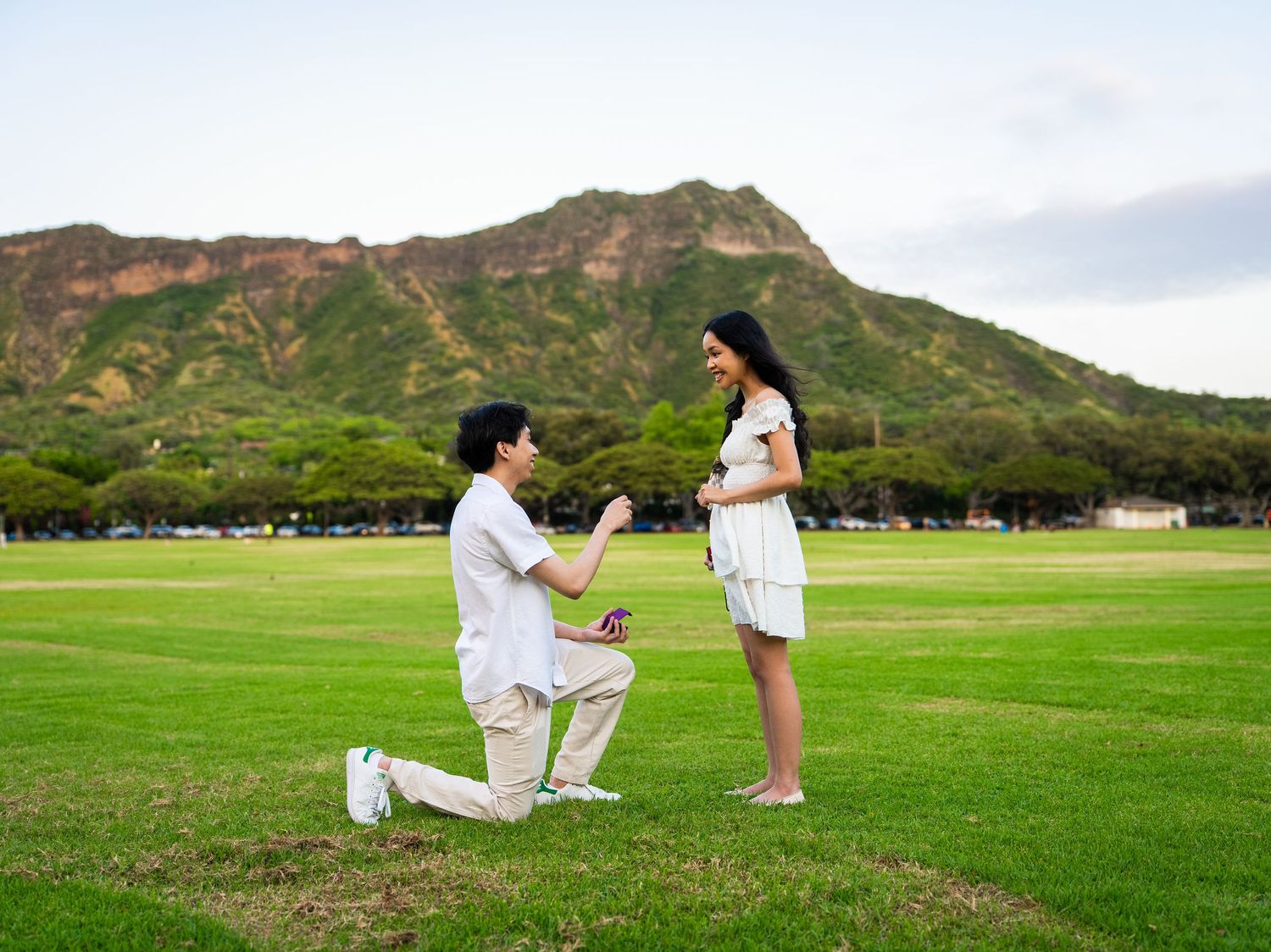Man proposes on one knee to woman in white dress on green lawn with Diamond Head crater in background.