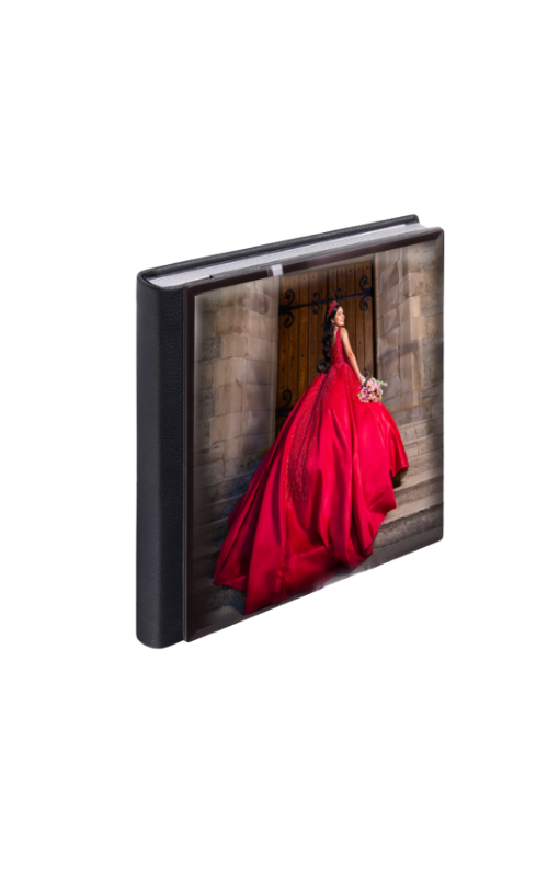 A dramatic photo album shows a woman in a flowing red gown against a stone wall from different viewing angles.