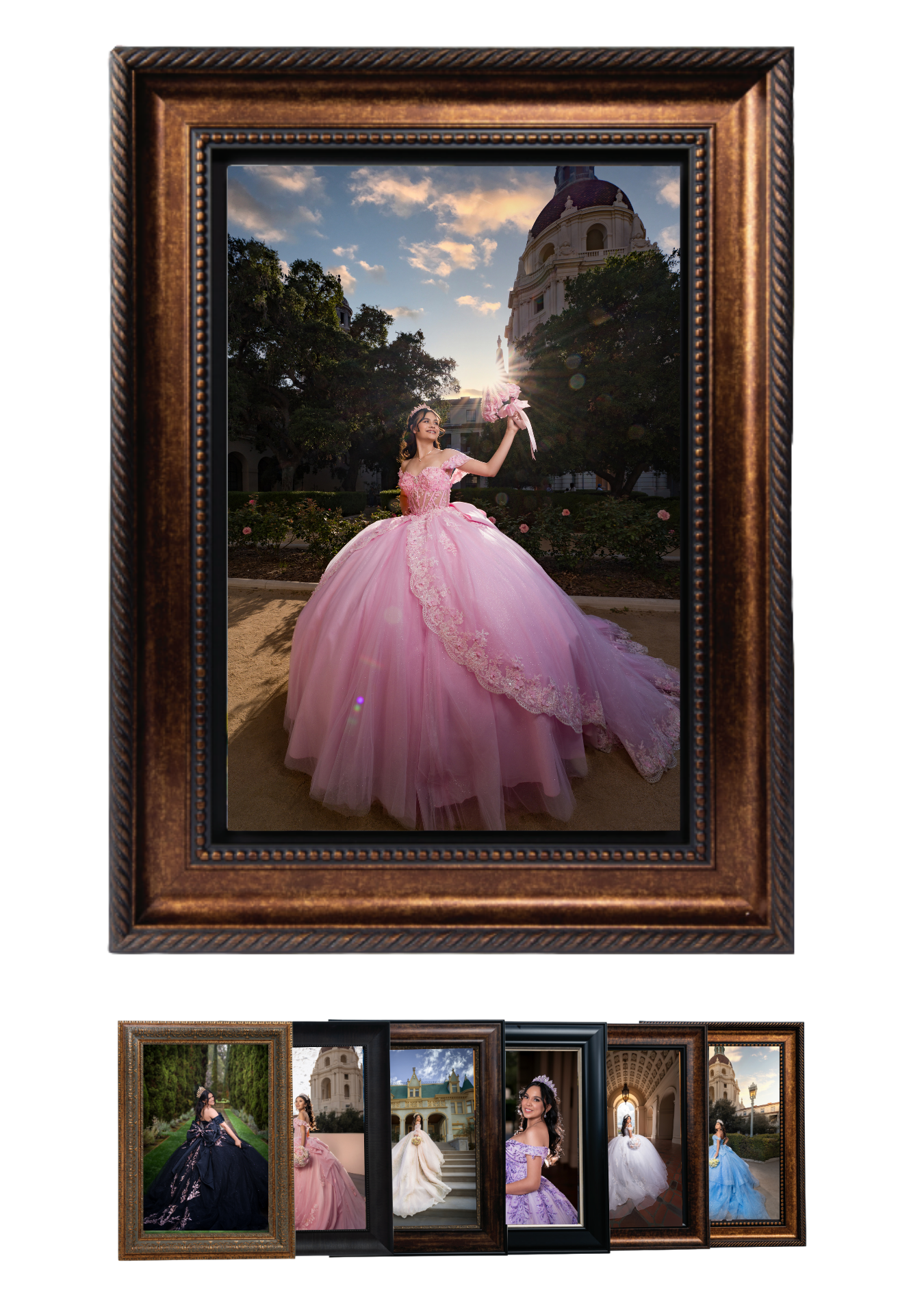 An elegant quinceanera photo collection featuring a pink ball gown against a castle backdrop in ornate frames.
