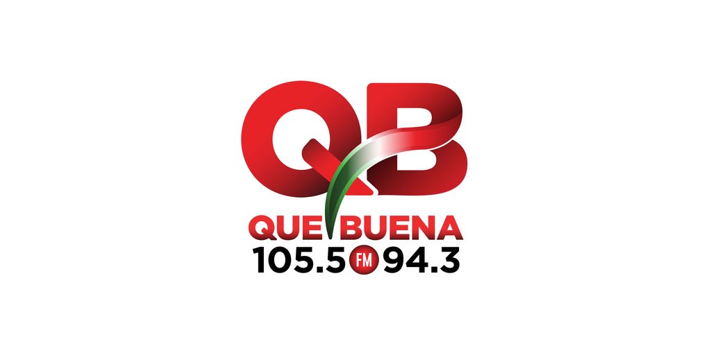 Red and white Que Buena radio station logo with frequency numbers.