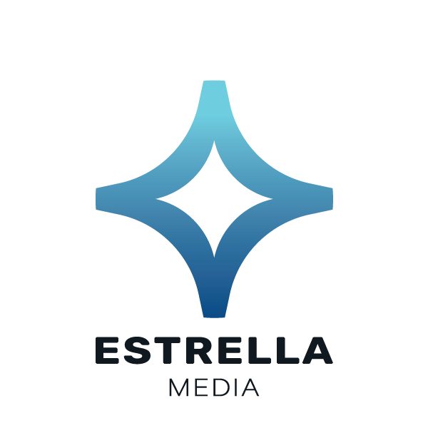 Modern blue gradient star logo design for Estrella Media brand.