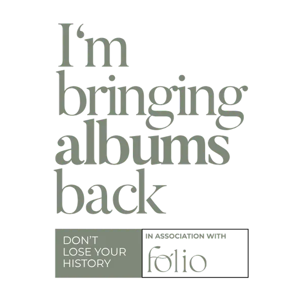 Promotional graphic reading I'm bringing albums back, don't lose your history, in association with Folio.