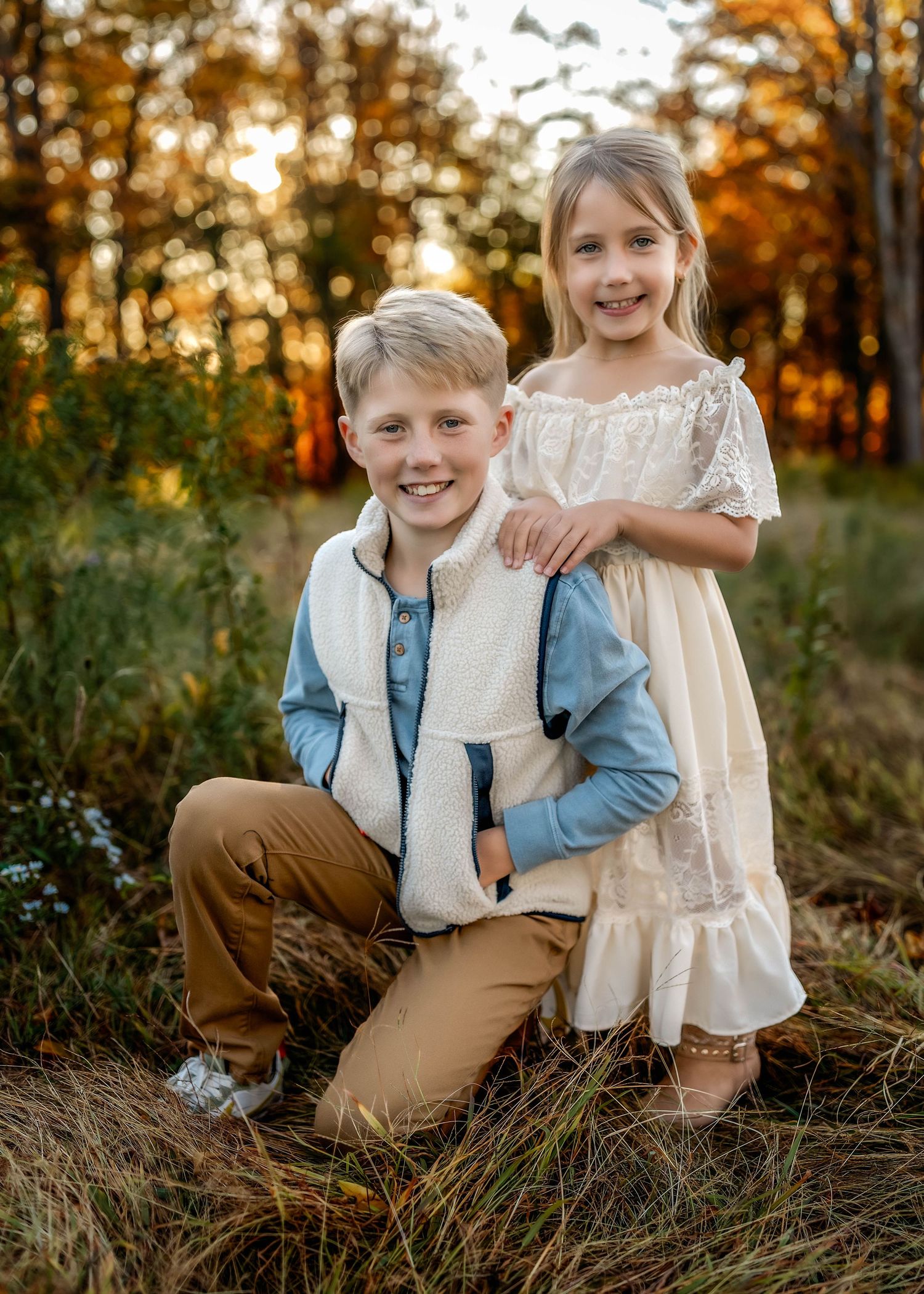 Sibling photo of brother and sister during golden hour in Madison county NY