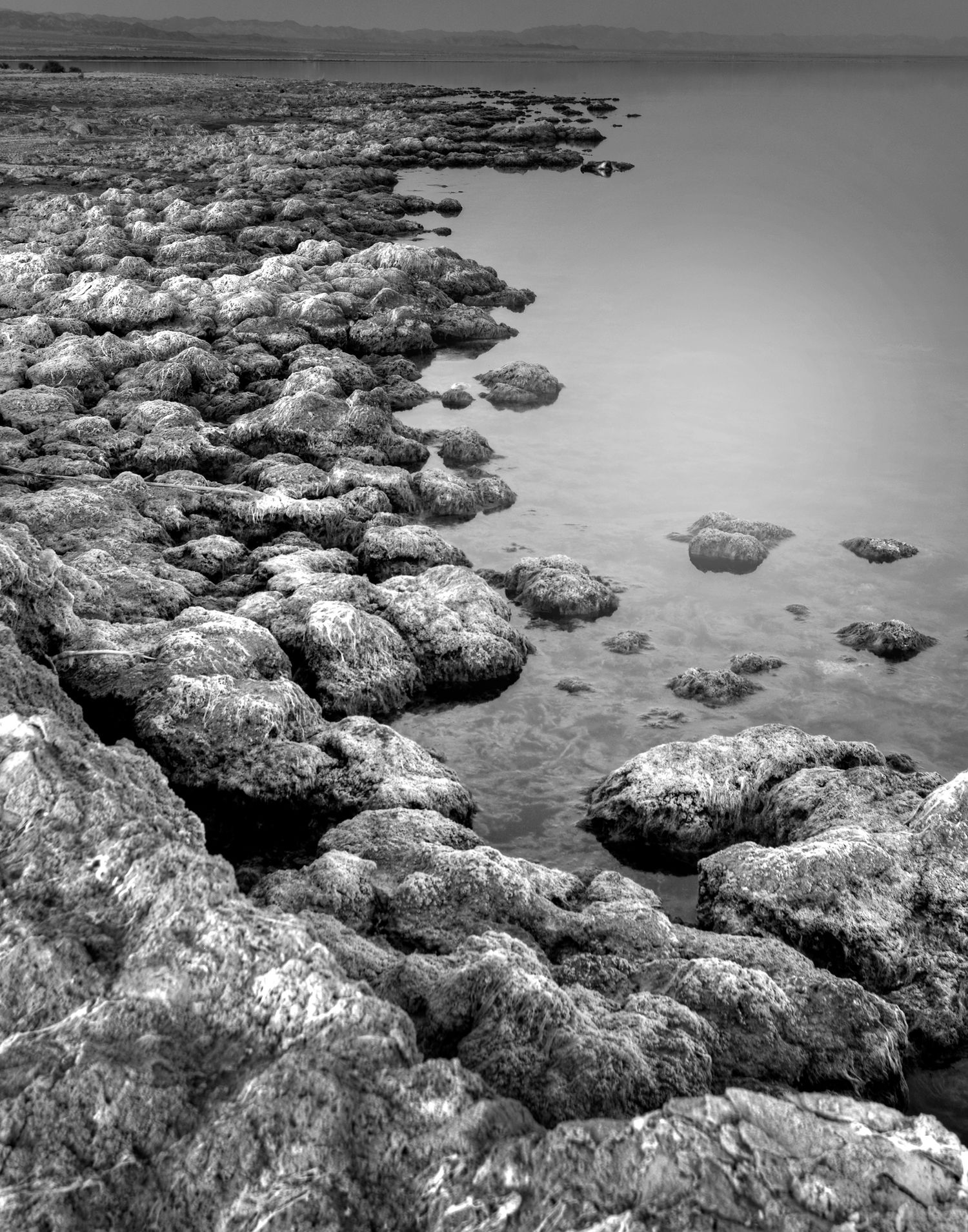 A series of rugged coastal rocks and formations extending into calm waters captured in dramatic black and white.