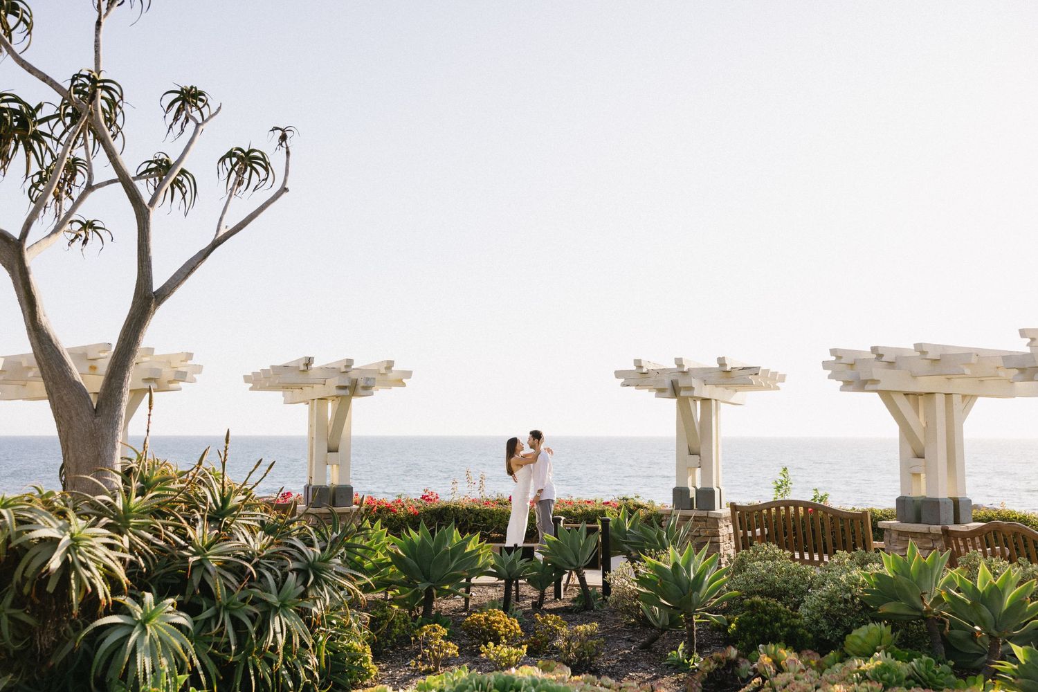 A coastal garden setting with pergolas and palm trees overlooking the ocean.