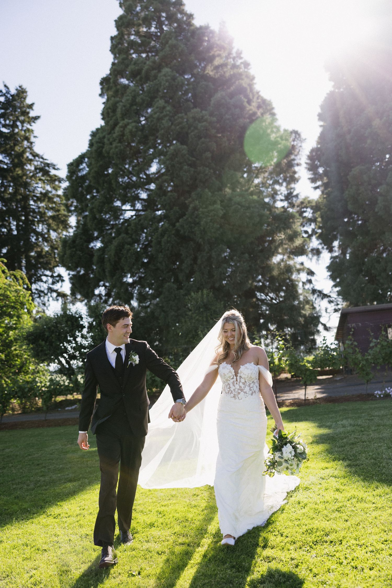 Newlyweds walk hand in hand across a sunlit grassy hill with trees in the background.