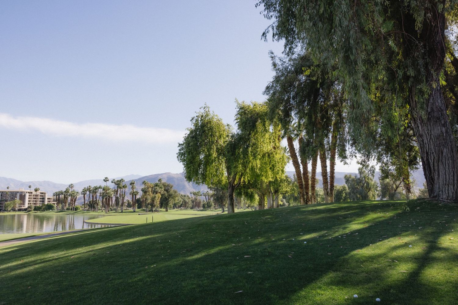 Lush green golf course with weeping willow trees, palm trees, a pond, and mountain views under a clear blue sky.