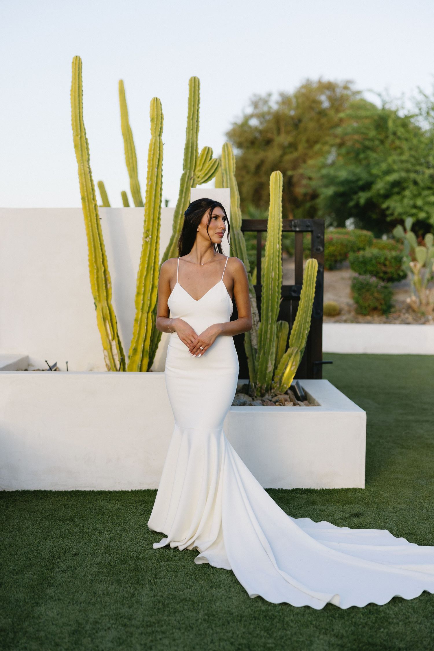 Bride in elegant white dress poses by modern white planters with tall desert cacti.