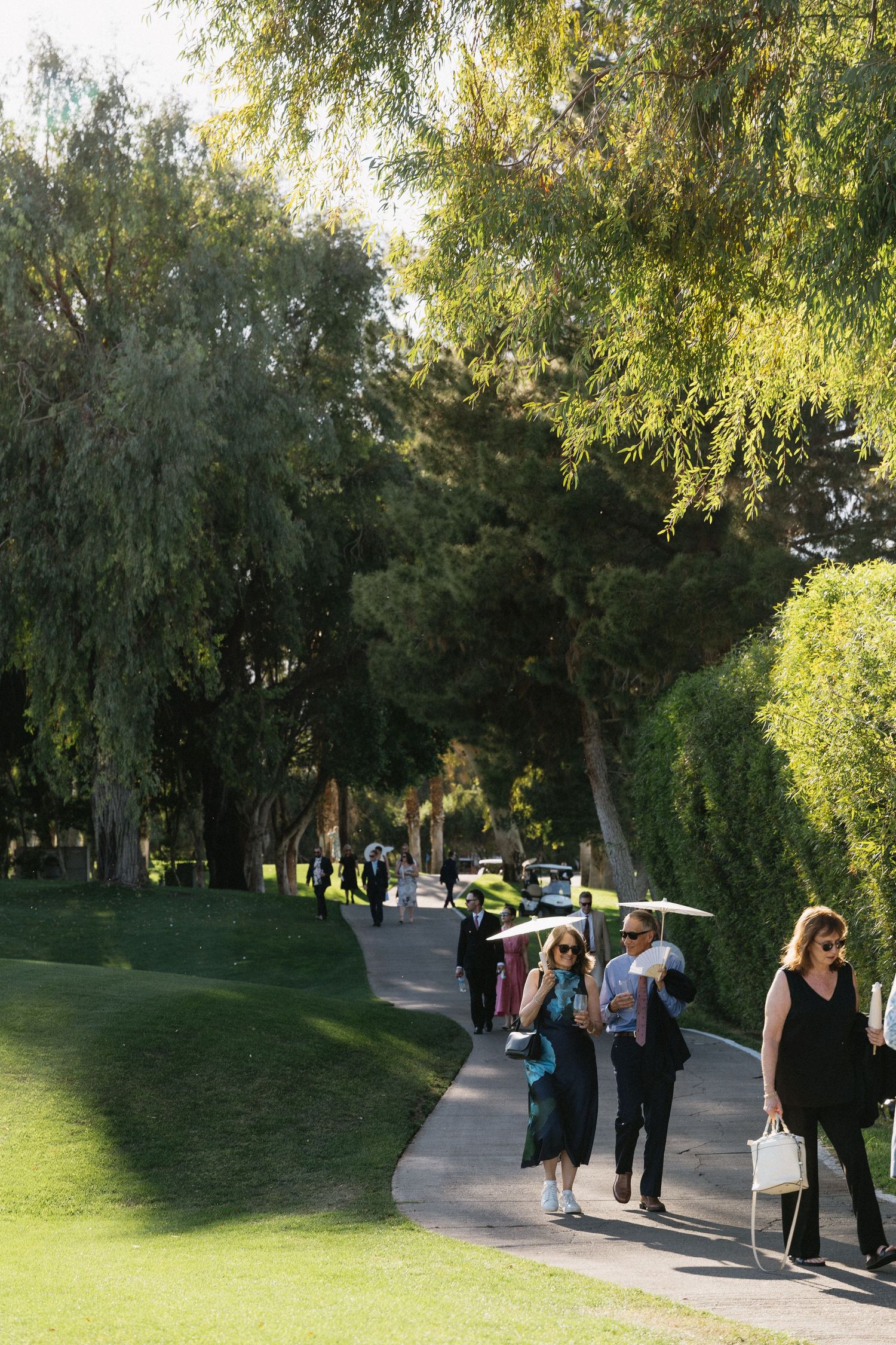 People walking along a tree-lined path in a lush green park on a sunny day.