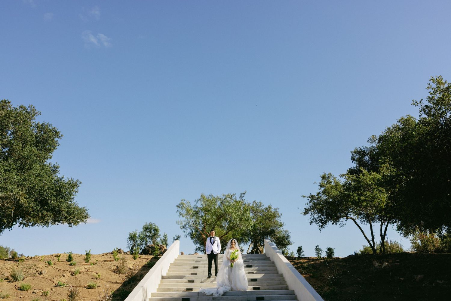 Bride and groom standing on grand white staircase outdoors under clear blue sky surrounded by lush green trees.