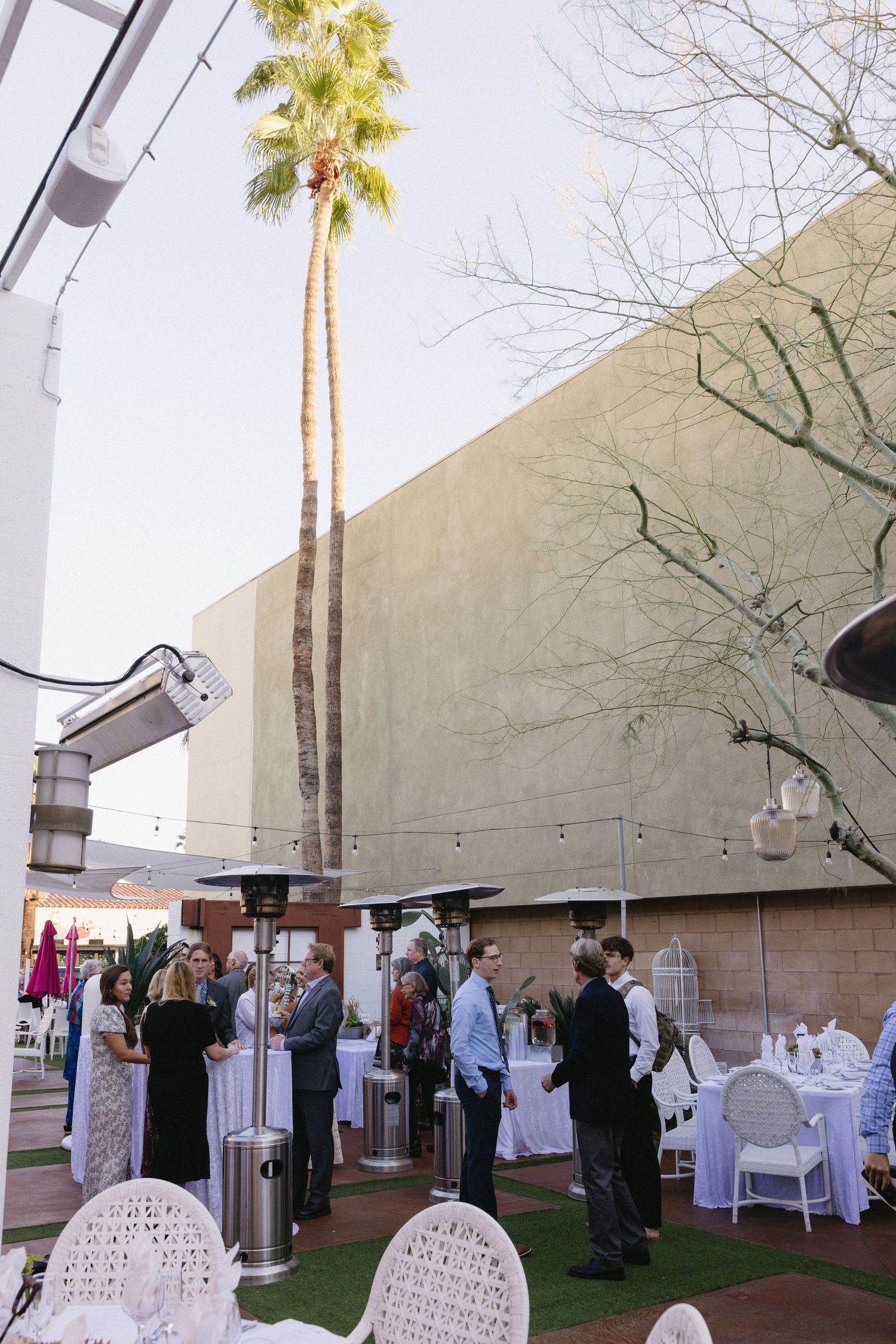 Outdoor wedding reception with guests mingling near patio heaters, white chairs, and tables under a palm tree.