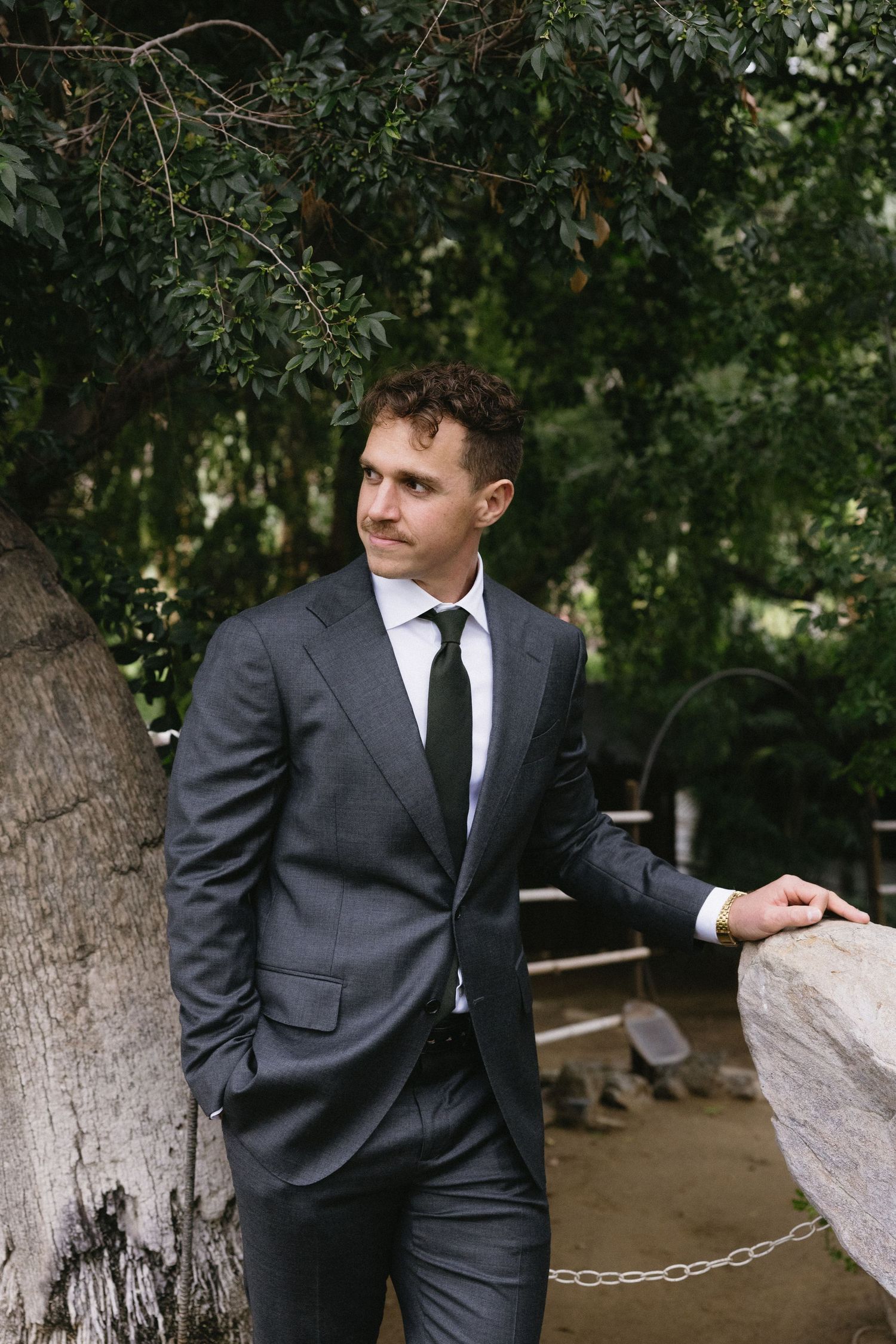 A man in a charcoal suit and black tie stands outdoors near a large tree, looking thoughtfully to the side.