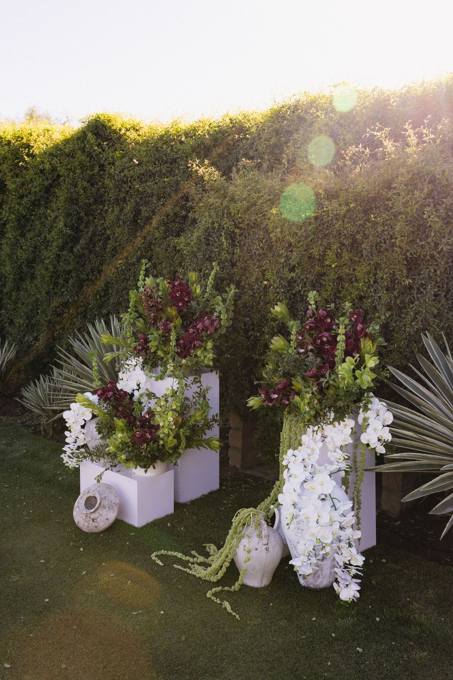 Elegant outdoor wedding floral arrangements with purple and white flowers on white pedestals against a lush green hedge backdrop.