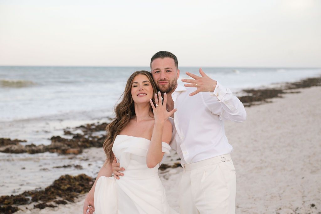 Candid beach wedding photos showing joyful moments by the ocean.
