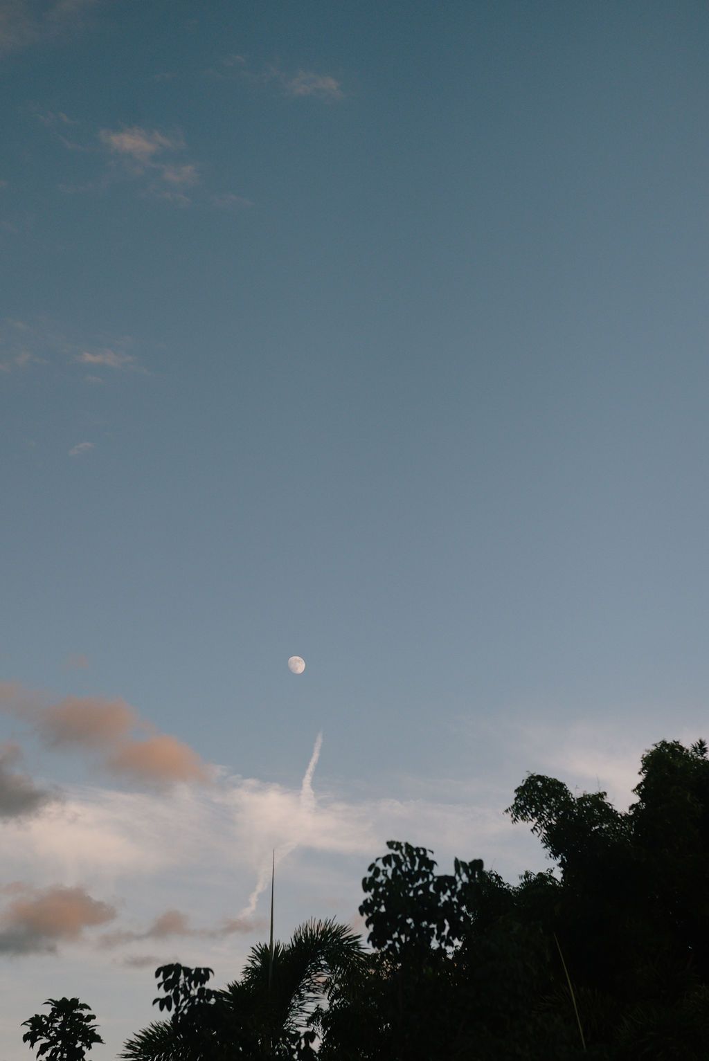 Peaceful blue sky at dusk with wispy clouds and a faint moon.