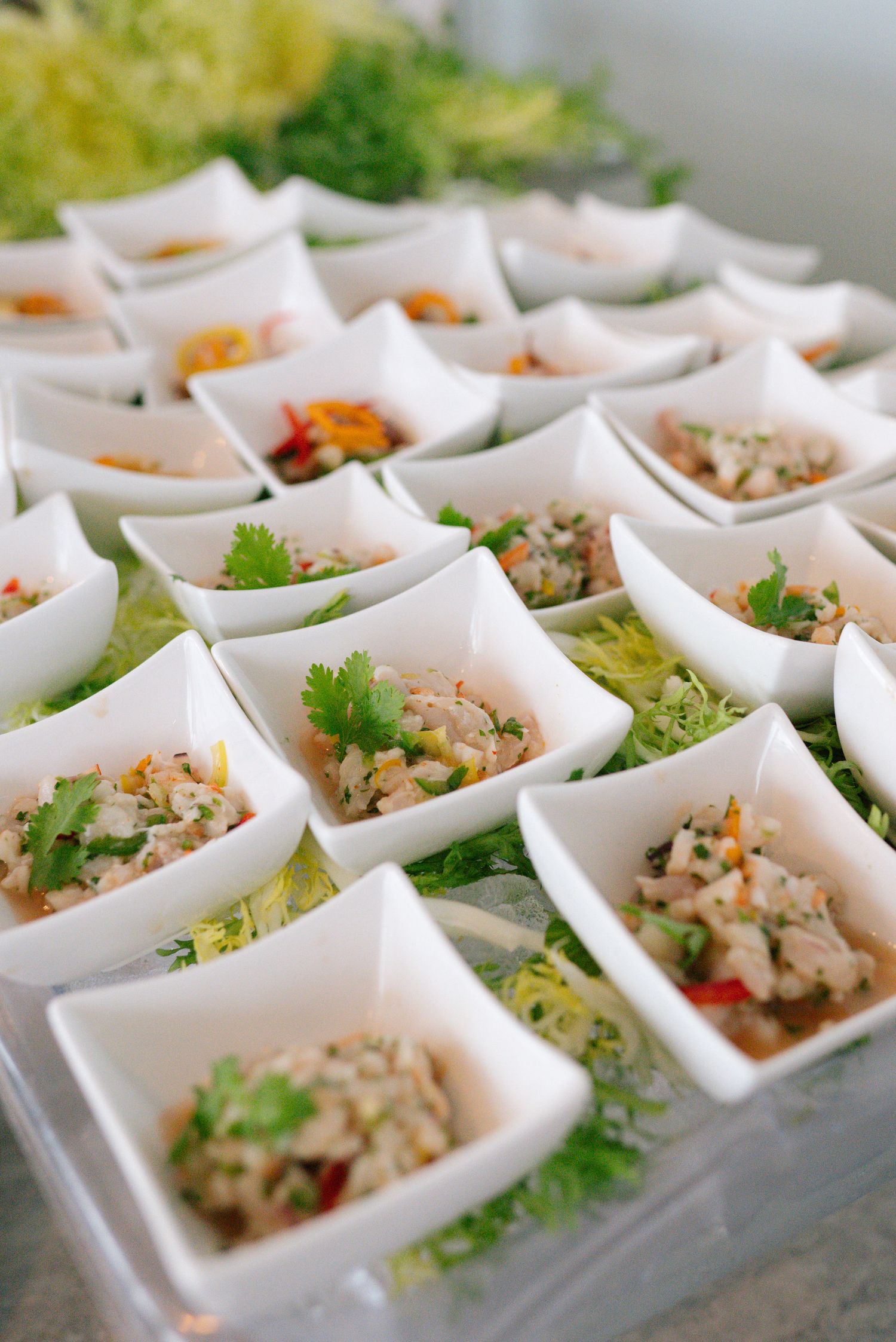 Individual portions of seafood salad served in elegant white dishes with garnish.