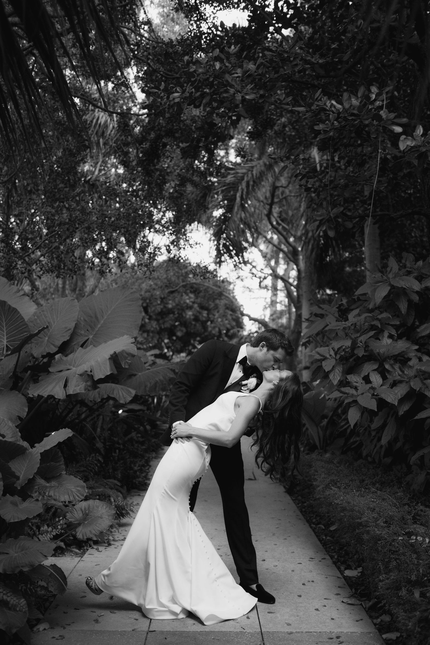 Black and white wedding photos of a couple posing dramatically on a tree-lined path.